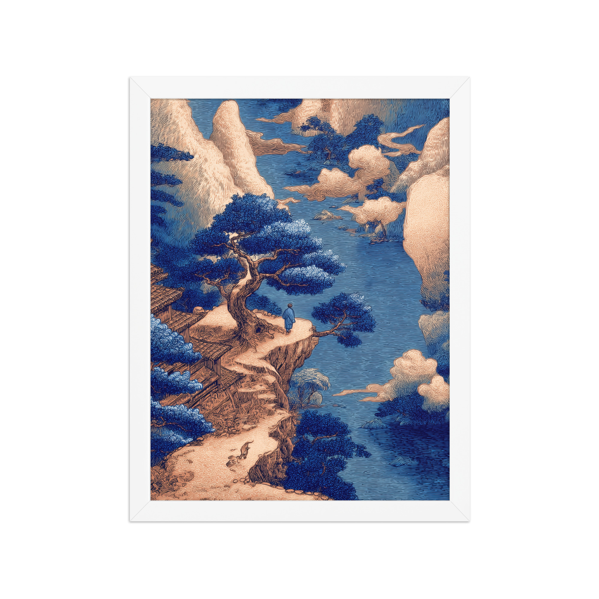 Cliffside Temple View – Blue Ukiyo-e Landscape Wall Art – Framed Poster - Image 19