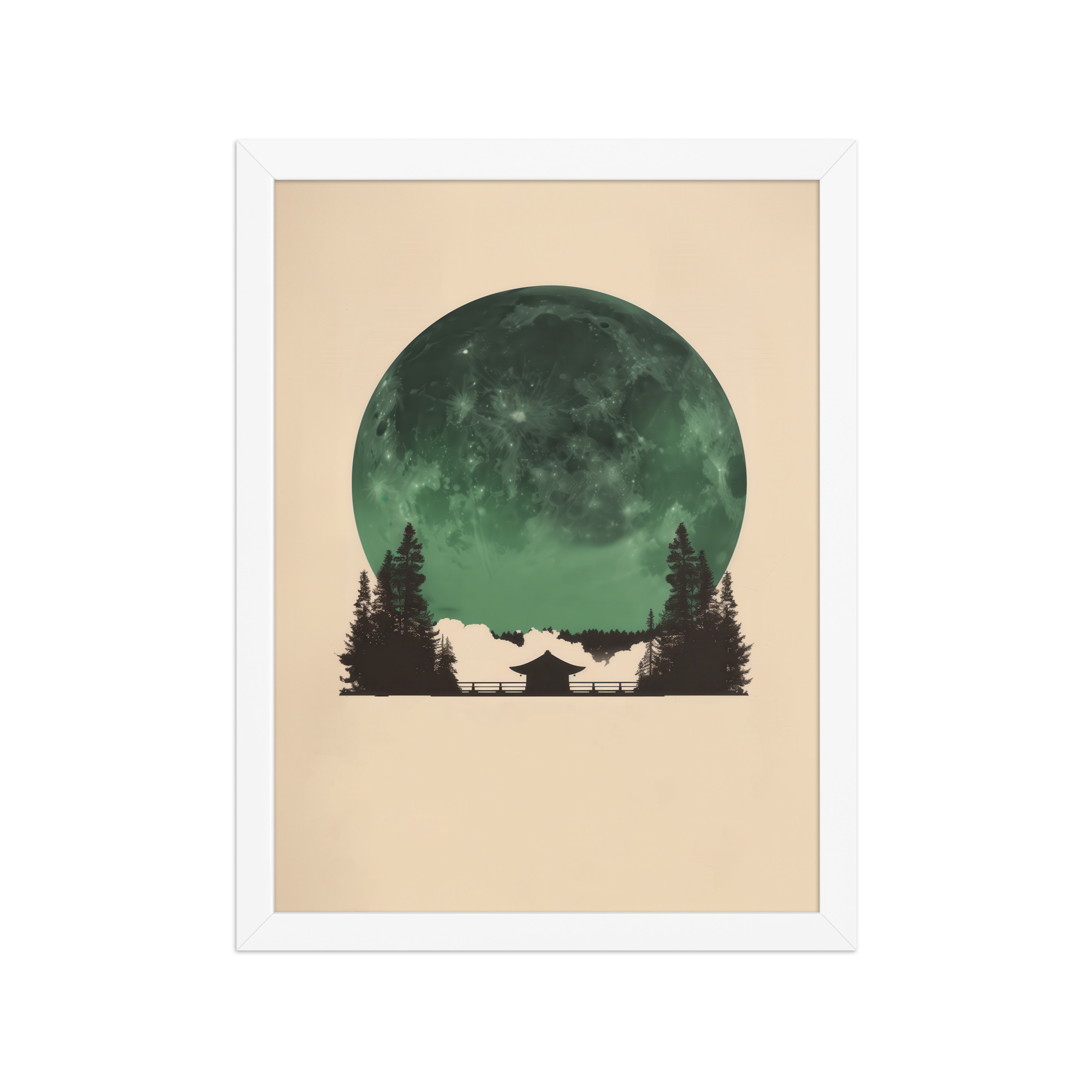 Emerald Moon Temple — Japandi Silhouette Wall Art — Framed Poster - Image 19