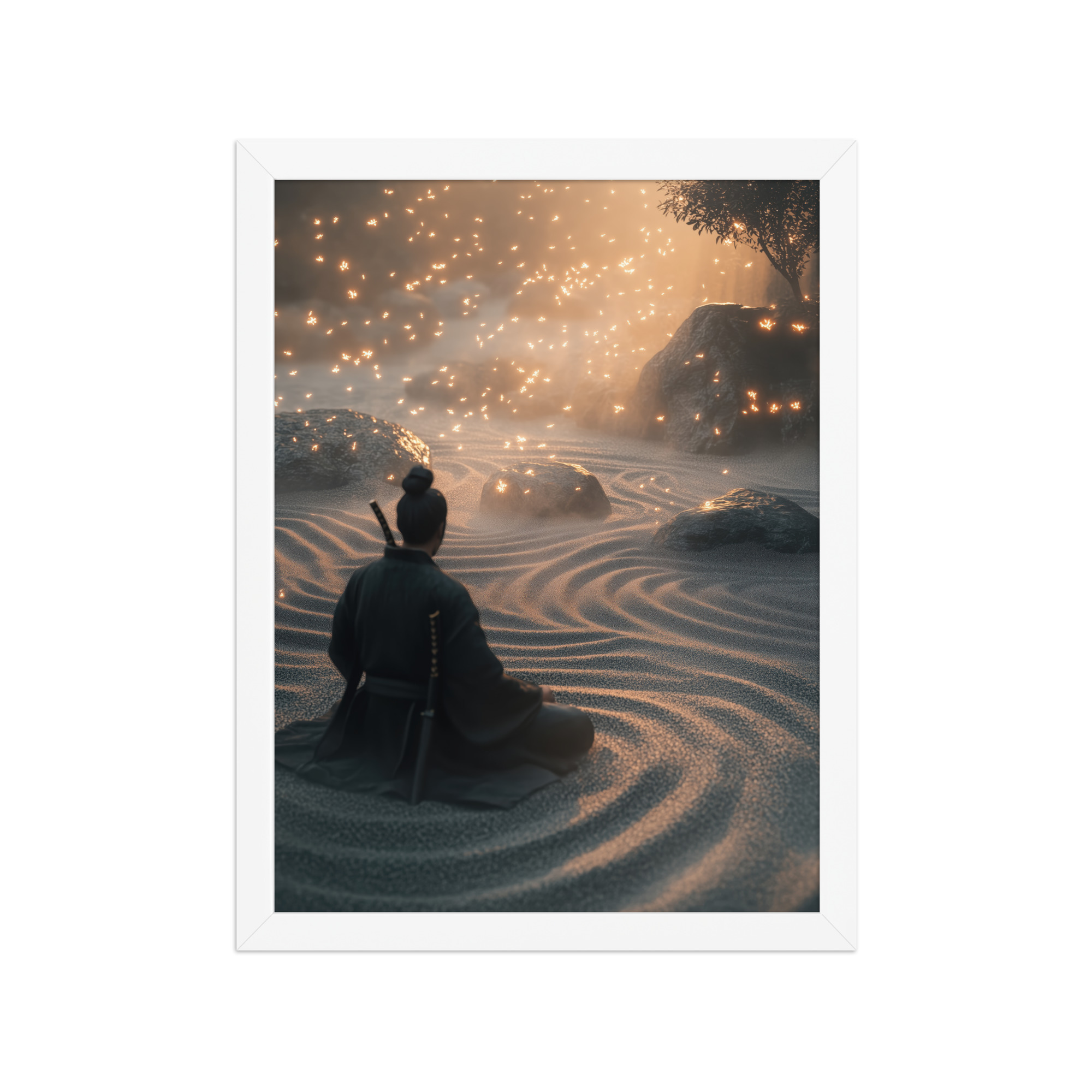 Zen Samurai – Fireflies in Zen Garden Japandi Samurai Wall Art – Framed Poster - Image 14