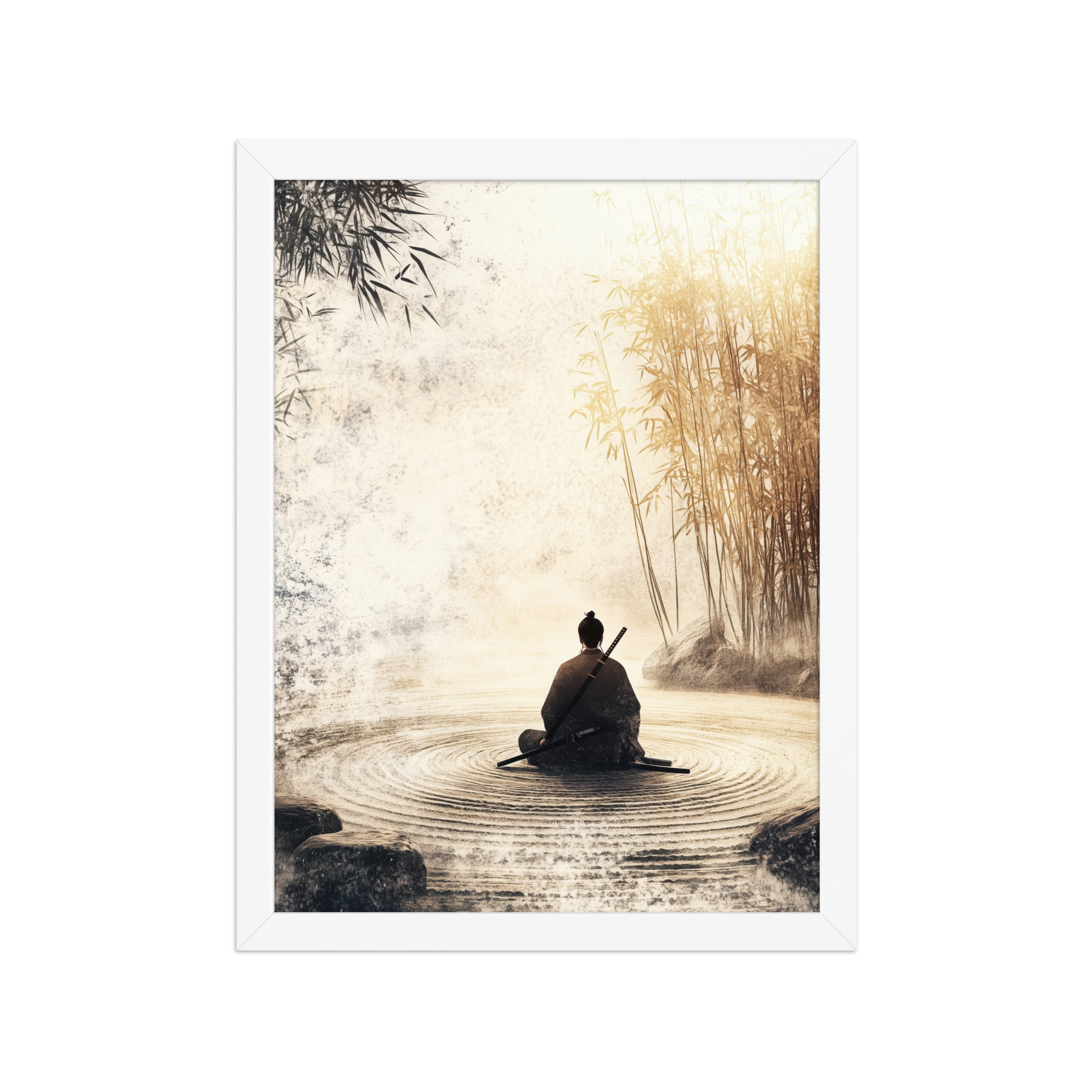 Zen Samurai in Bamboo Light – Neutral Sumi-e Ink Samurai Meditation Wall Art – Framed Poster - Image 14