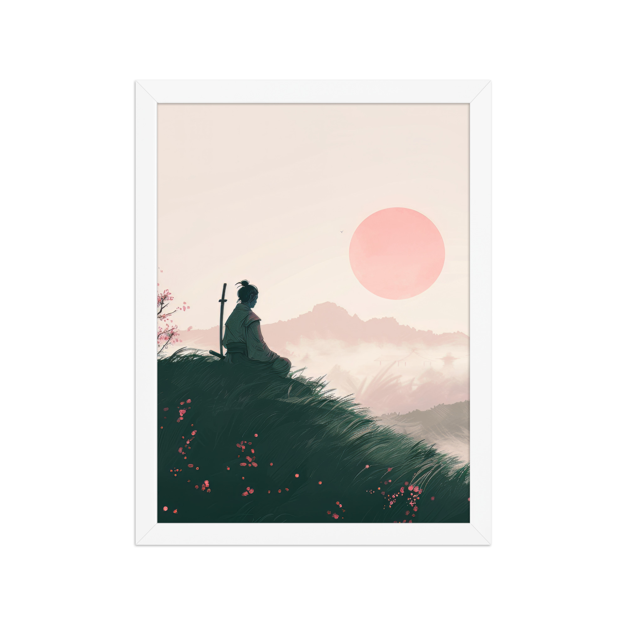 Samurai at Dawn – Pink Sun Over Hills Quiet Strength at Daybreak Wall Decor – Framed Poster - Image 17