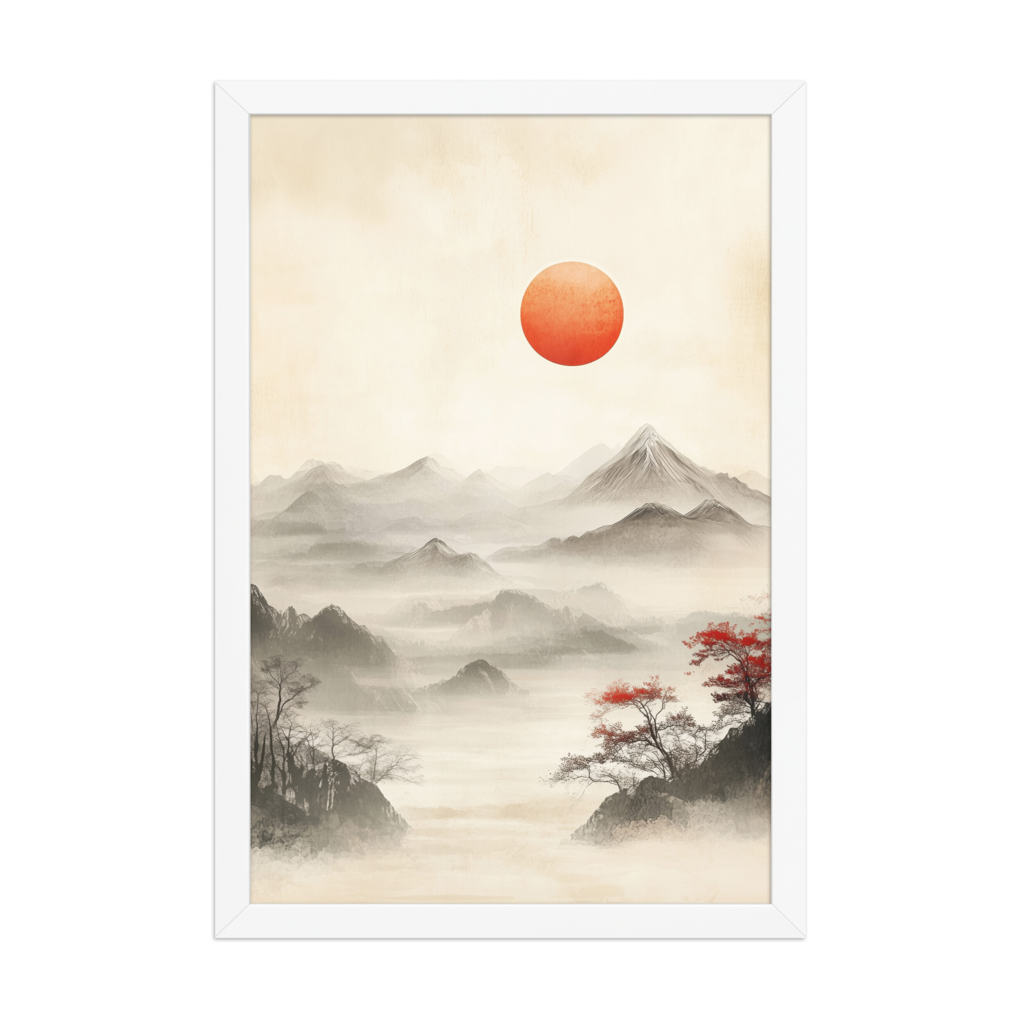 Red Sun Over Silent Peaks — Misty Ink Mountain Landscape Wall Art — Framed Poster - Image 17