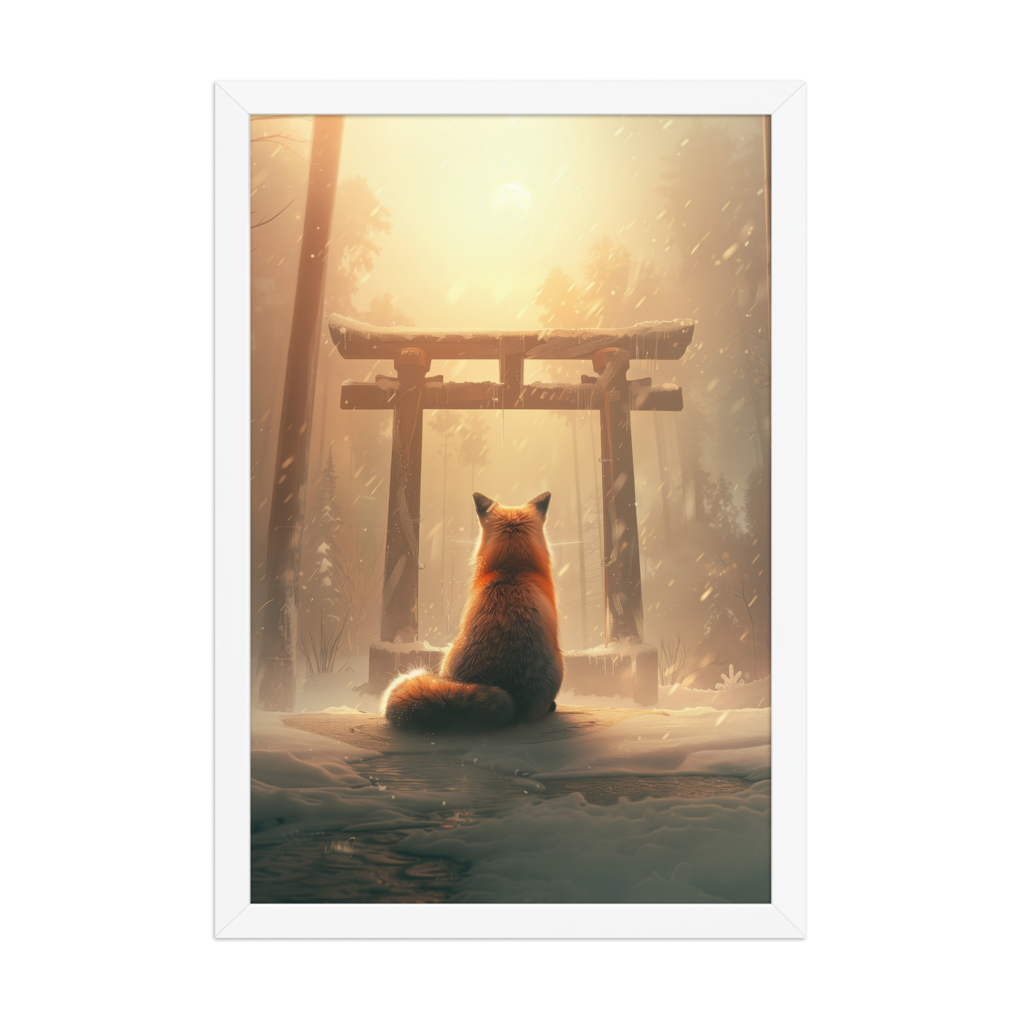 Fox Spirit at Torii — Cinematic Fox in Snowy Shrine Light Wall Decor — Framed Poster - Image 20