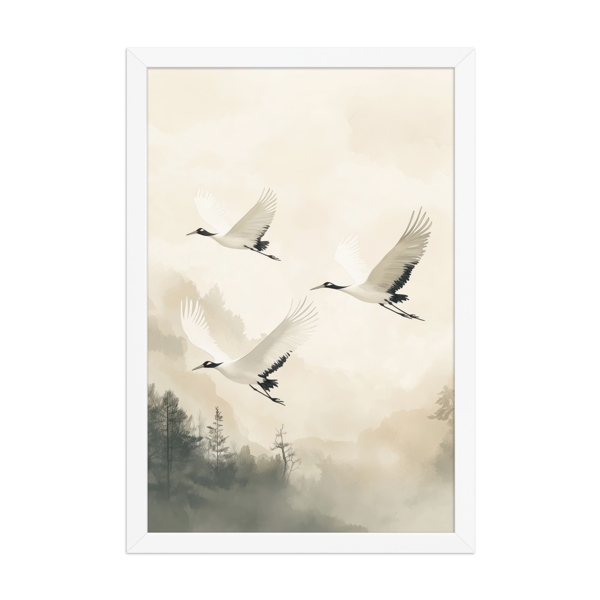 Cranes of Serenity — Misty Forest Flight Bird Wall Art — Framed Poster - Image 17