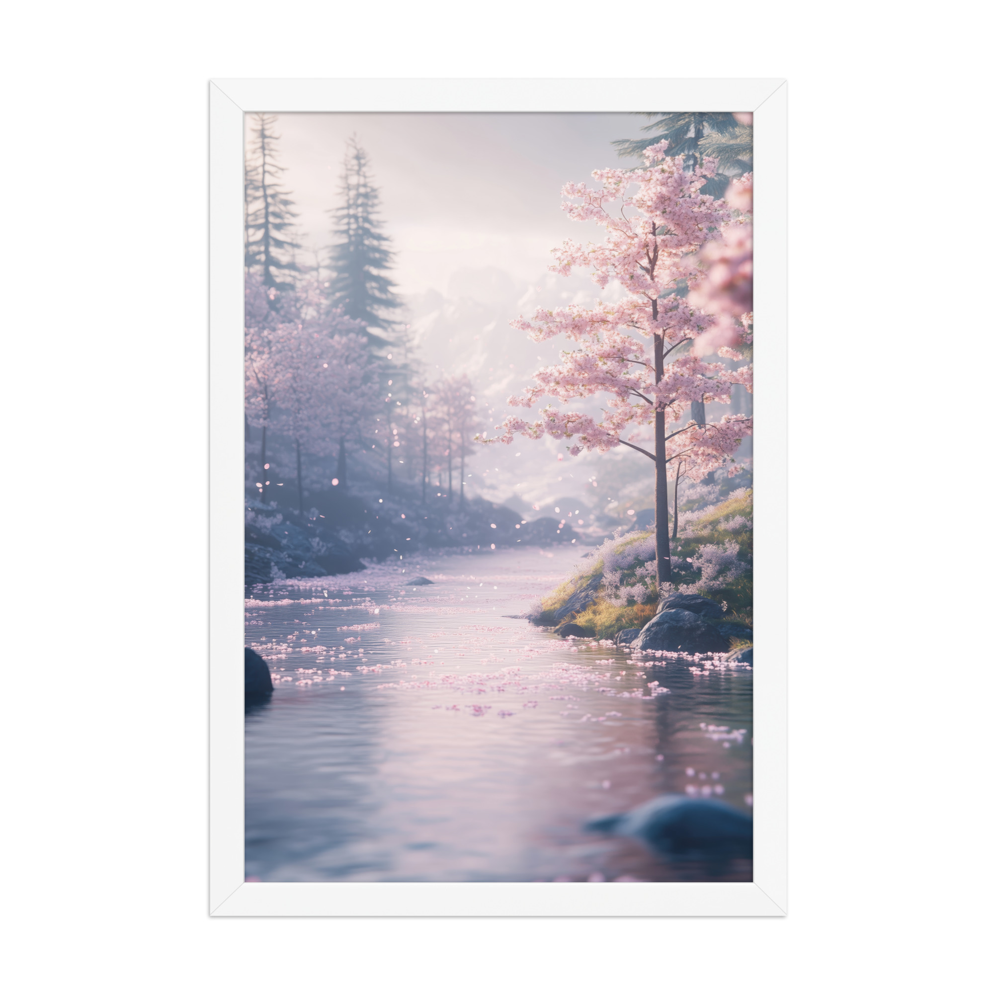 Nordic River Flow — Cherry Blossom Landscape Wall Decor — Framed Poster - Image 17