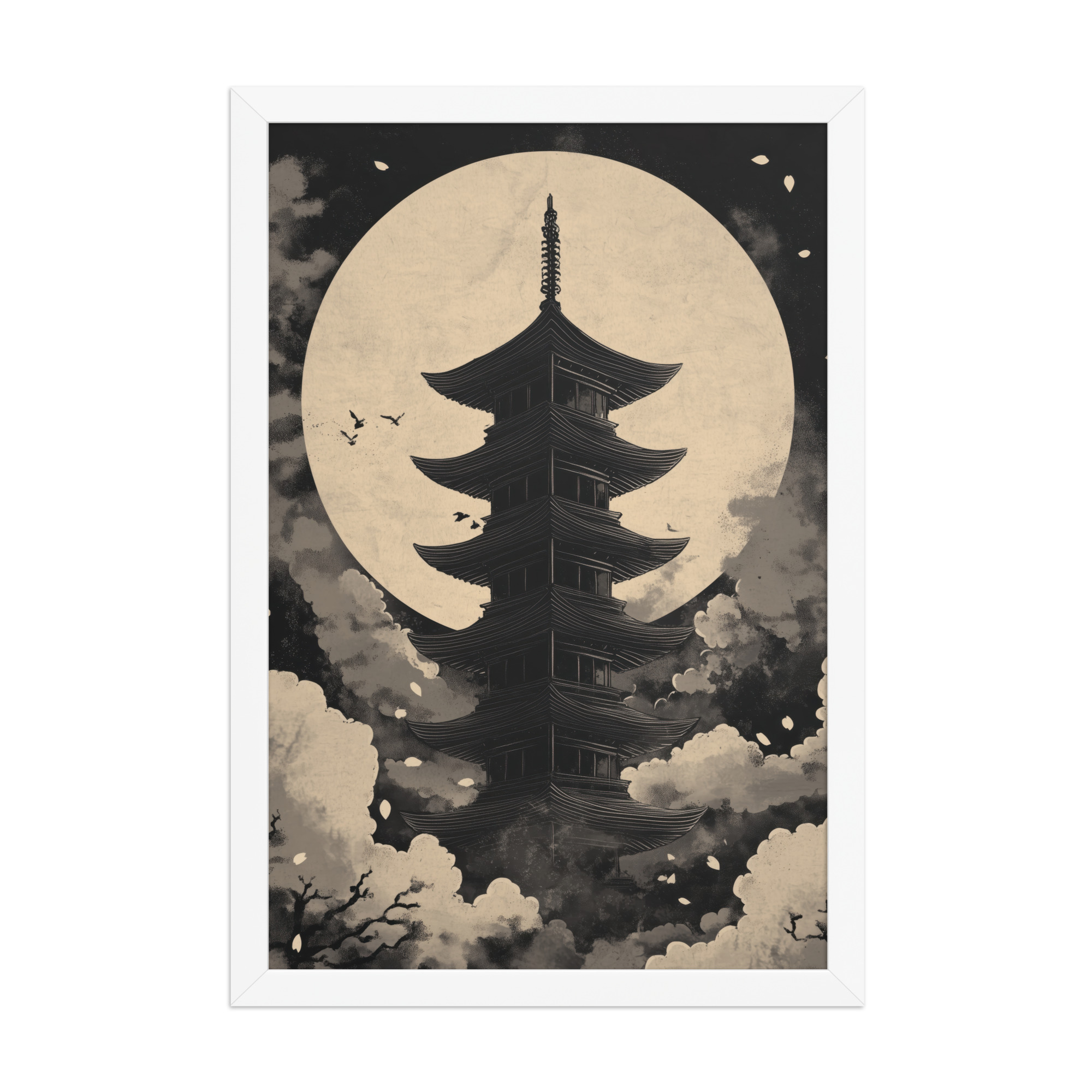 Moonlit Zen Pagoda — Monochrome Pagoda, Japanese Night Wall Art — Framed Poster - Image 14