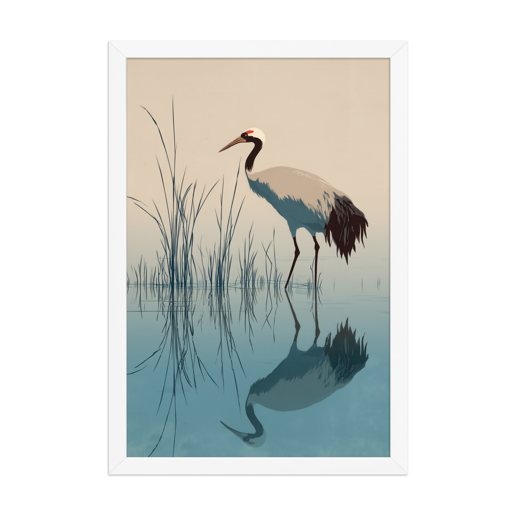 Crane and Reflection Stillness – Minimal Ukiyo-e Bird Wall Art – Framed Poster - Image 20
