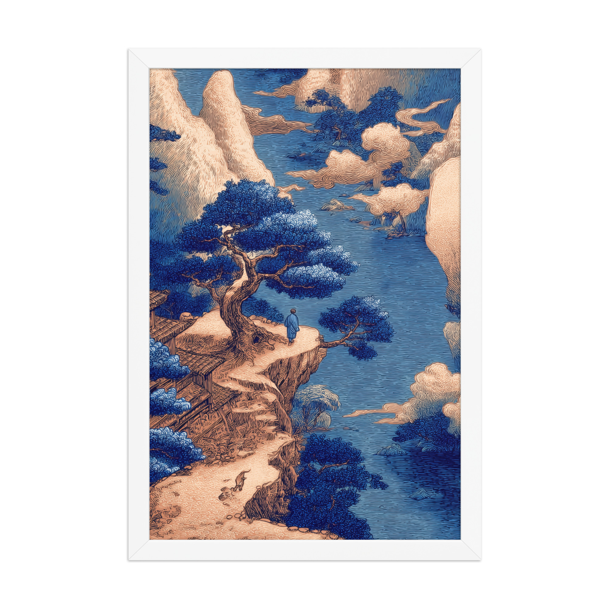 Cliffside Temple View – Blue Ukiyo-e Landscape Wall Art – Framed Poster - Image 20