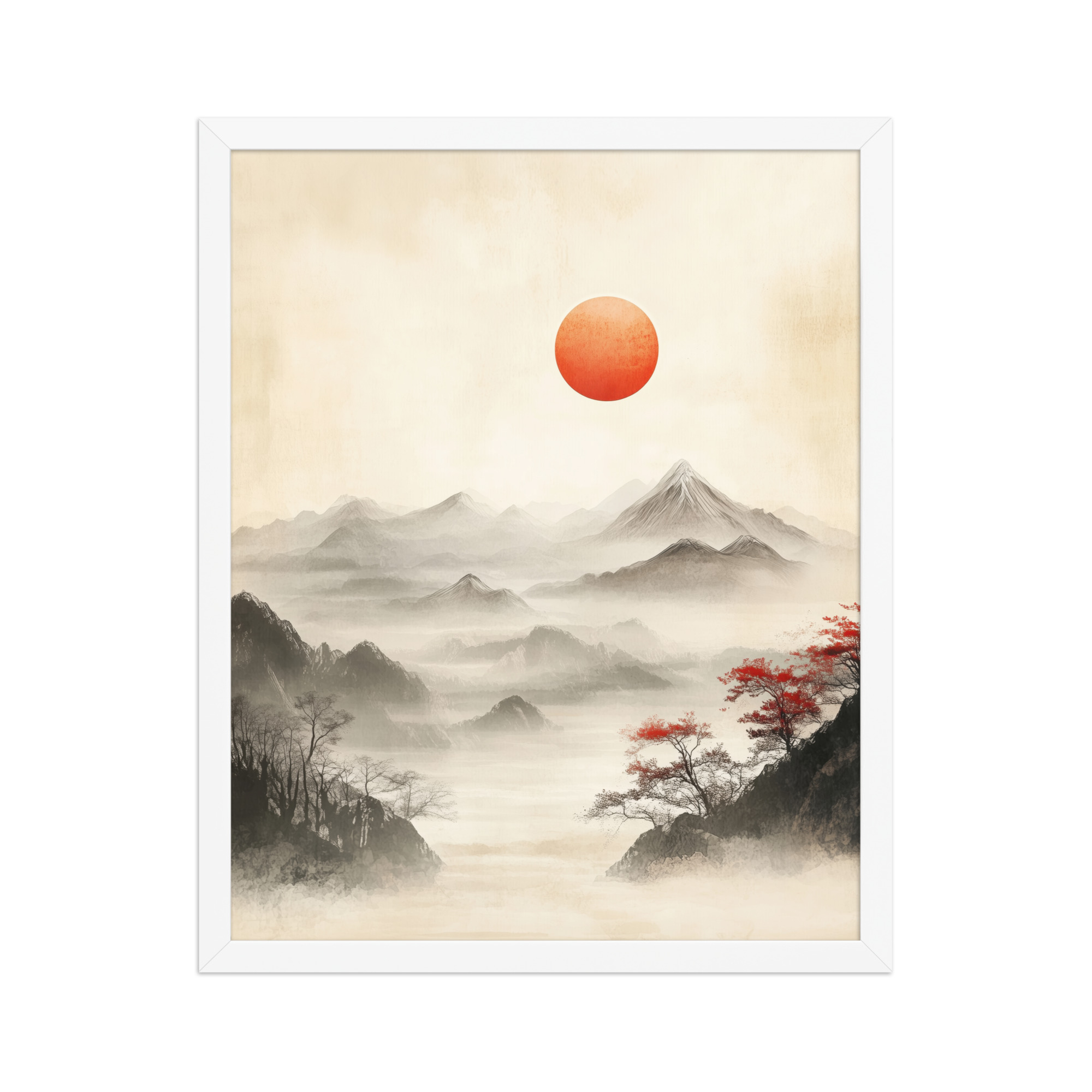 Red Sun Over Silent Peaks — Misty Ink Mountain Landscape Wall Art — Framed Poster - Image 18
