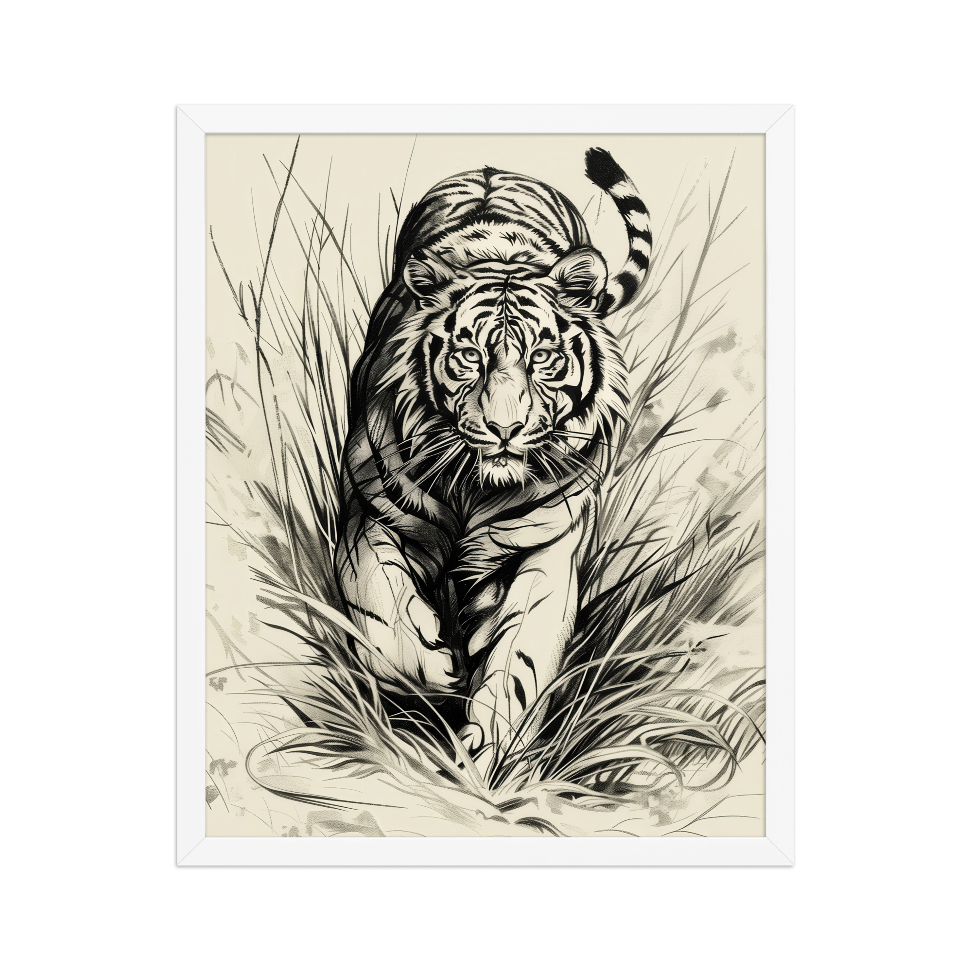 Tiger in Brush — Monochrome Ink Bengal Tiger Wall Art — Framed Poster - Image 9