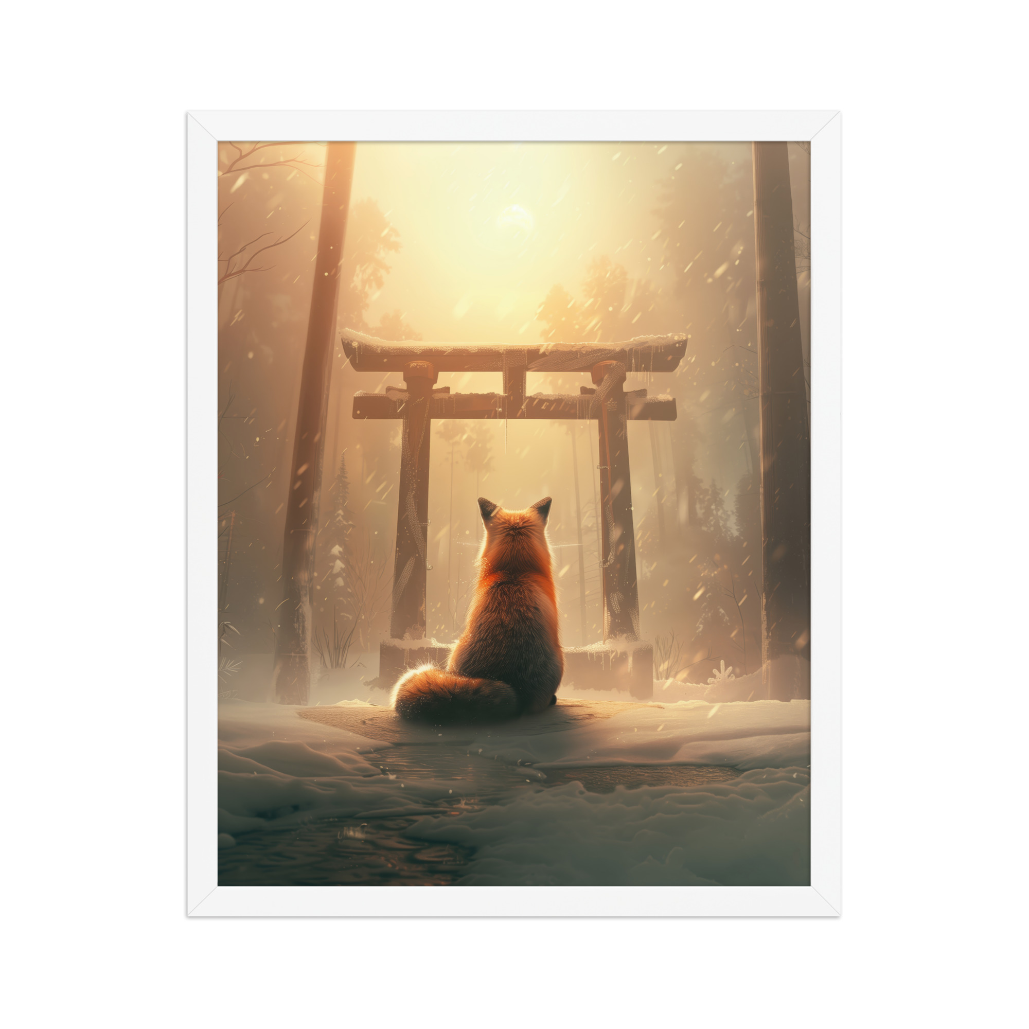 Fox Spirit at Torii — Cinematic Fox in Snowy Shrine Light Wall Decor — Framed Poster - Image 21