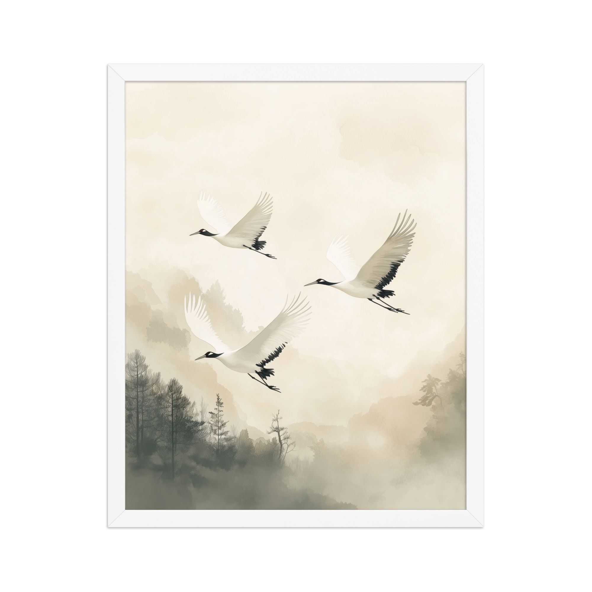 Cranes of Serenity — Misty Forest Flight Bird Wall Art — Framed Poster - Image 18