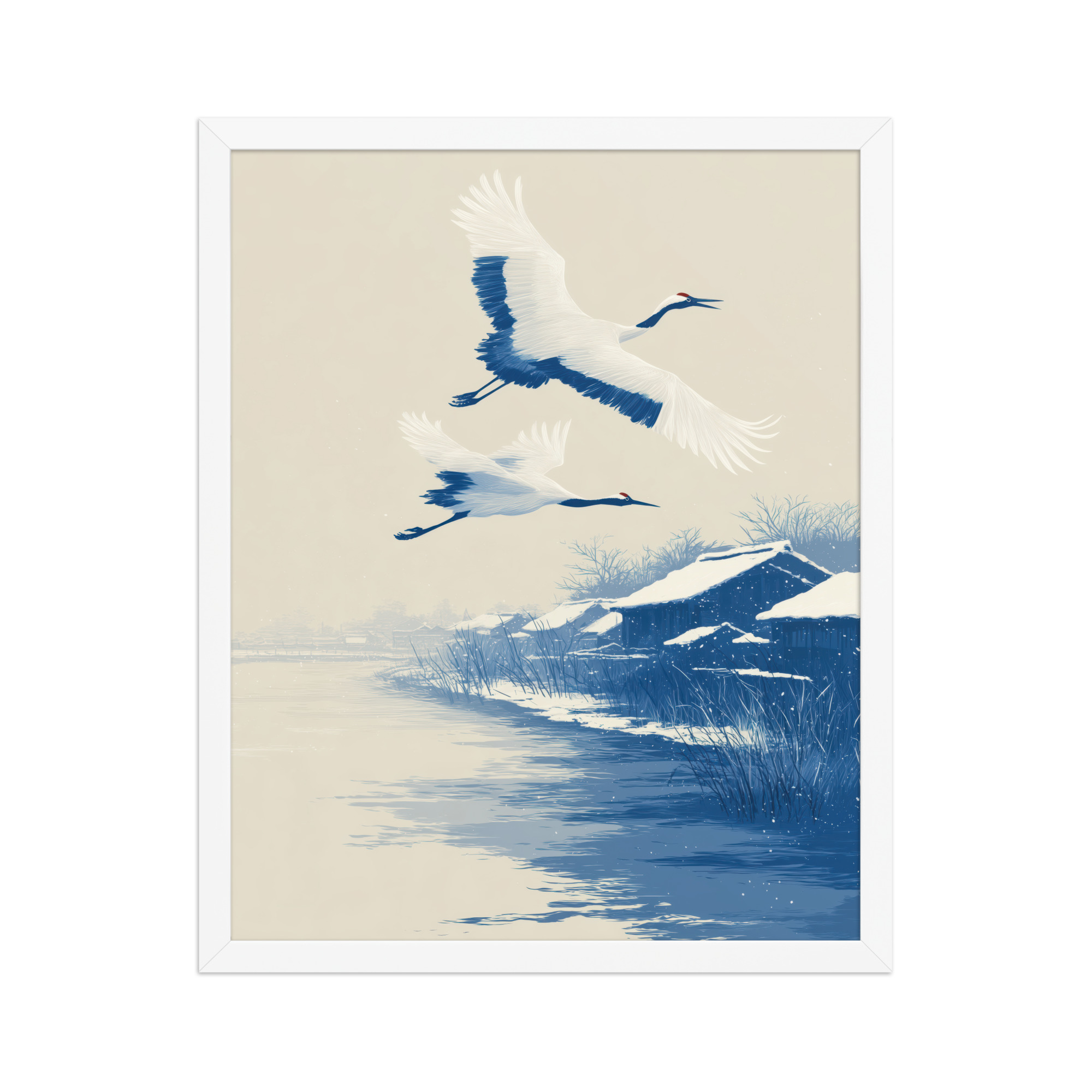 Cranes in Winter Sky — Ukiyo-e Birds over Snowy River Village Wall Art — Framed Poster - Image 15