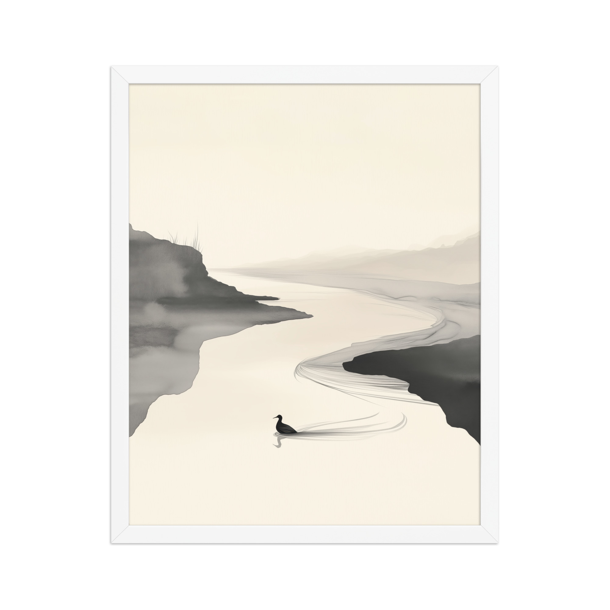 Tranquil River Flow — Minimal Ink Landscape Wall Decor — Framed Poster - Image 21