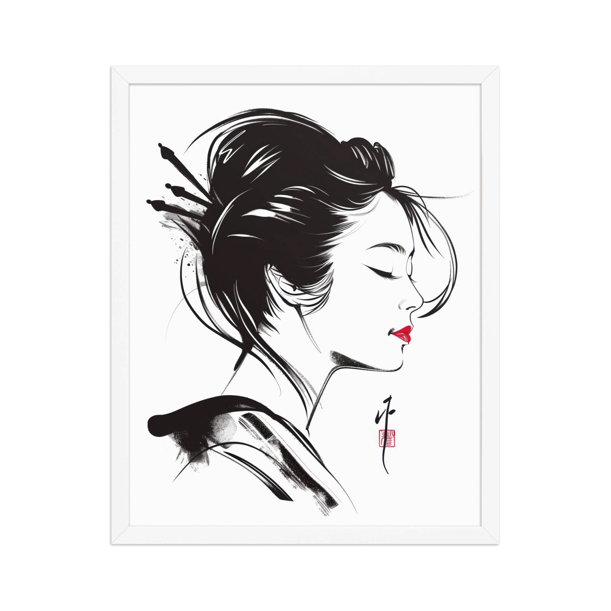 Geisha Profile — Minimal Sumi-e Geisha Portrait Wall Art — Framed Poster - Image 8