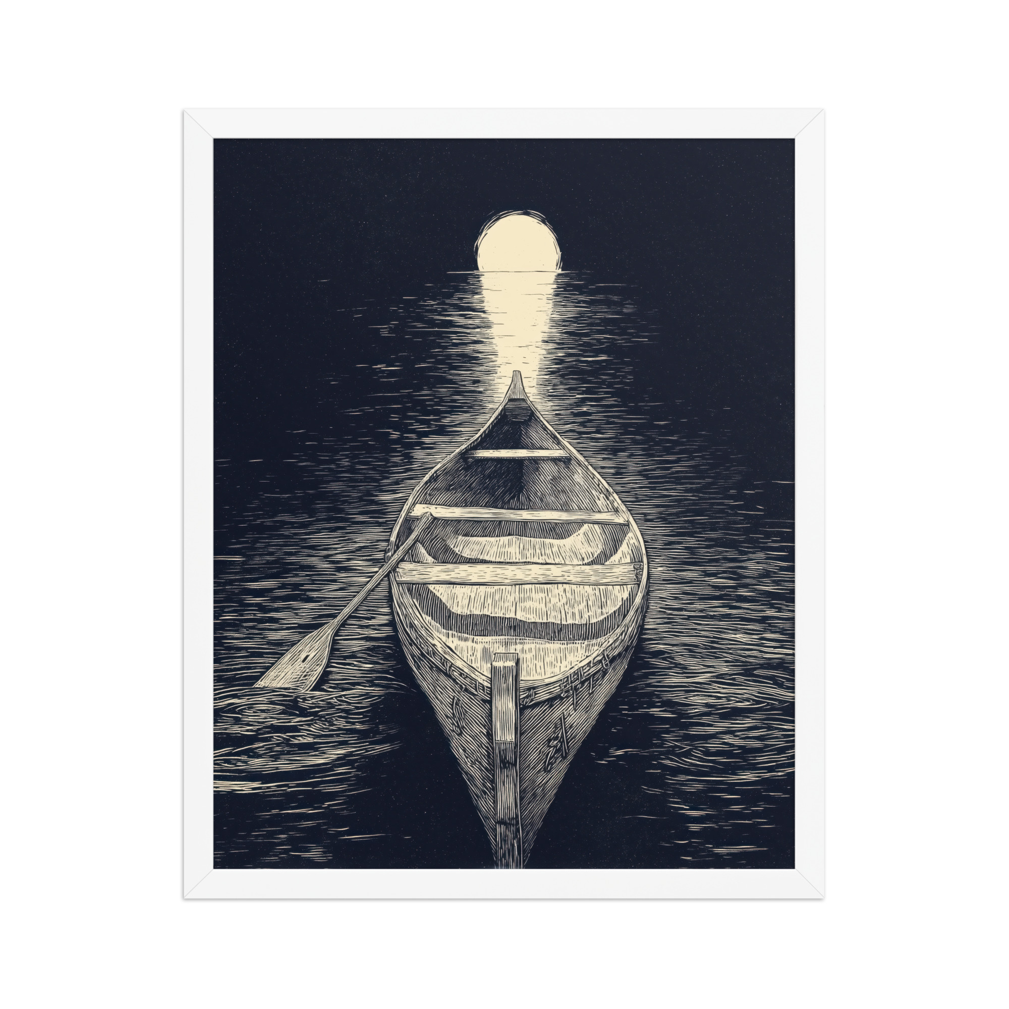 Moonlit Canoe — Woodcut Night Lake Wall Art — Framed Poster - Image 13