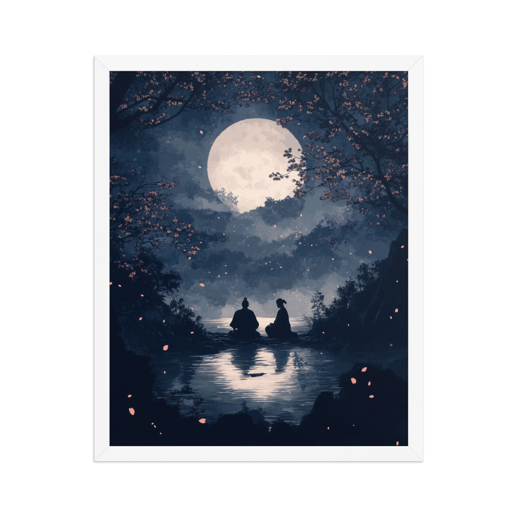 Midnight Reflections — Moonlit Lake Sakura Wall Art — Framed Poster - Image 18