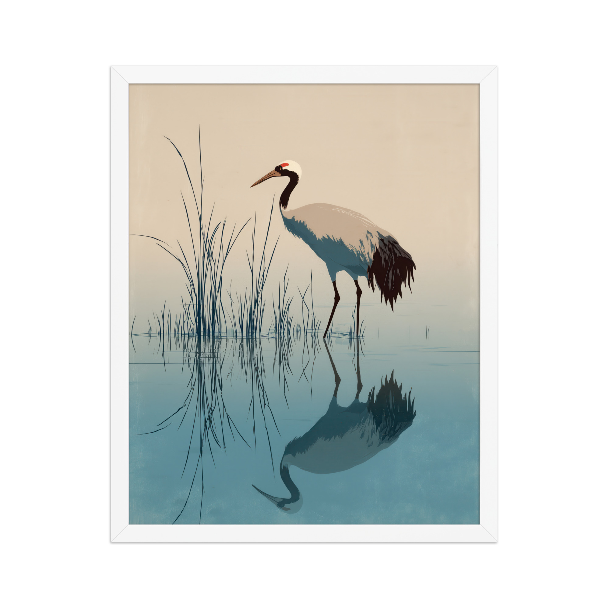 Crane and Reflection Stillness – Minimal Ukiyo-e Bird Wall Art – Framed Poster - Image 21