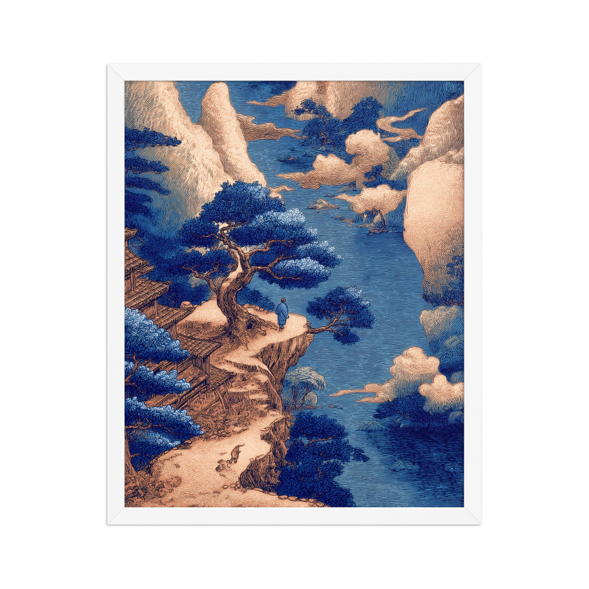 Cliffside Temple View – Blue Ukiyo-e Landscape Wall Art – Framed Poster - Image 21