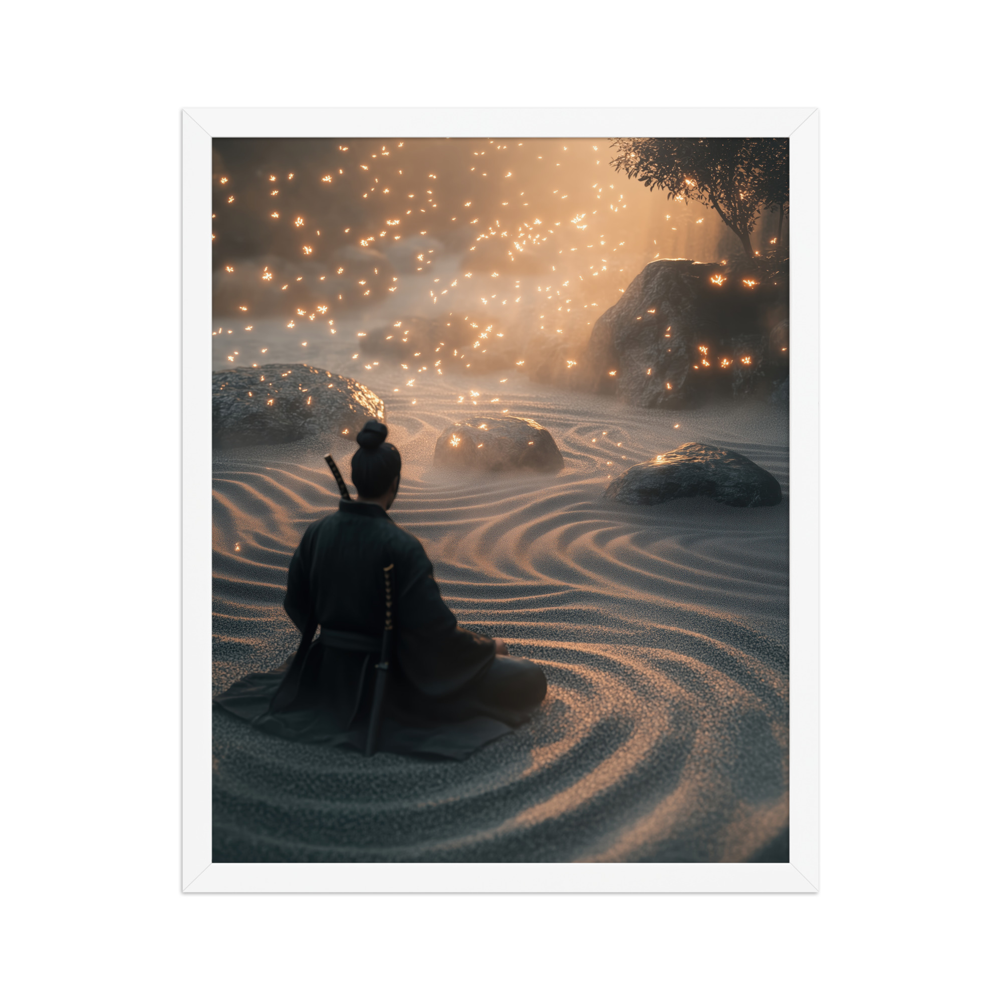 Zen Samurai – Fireflies in Zen Garden Japandi Samurai Wall Art – Framed Poster - Image 15