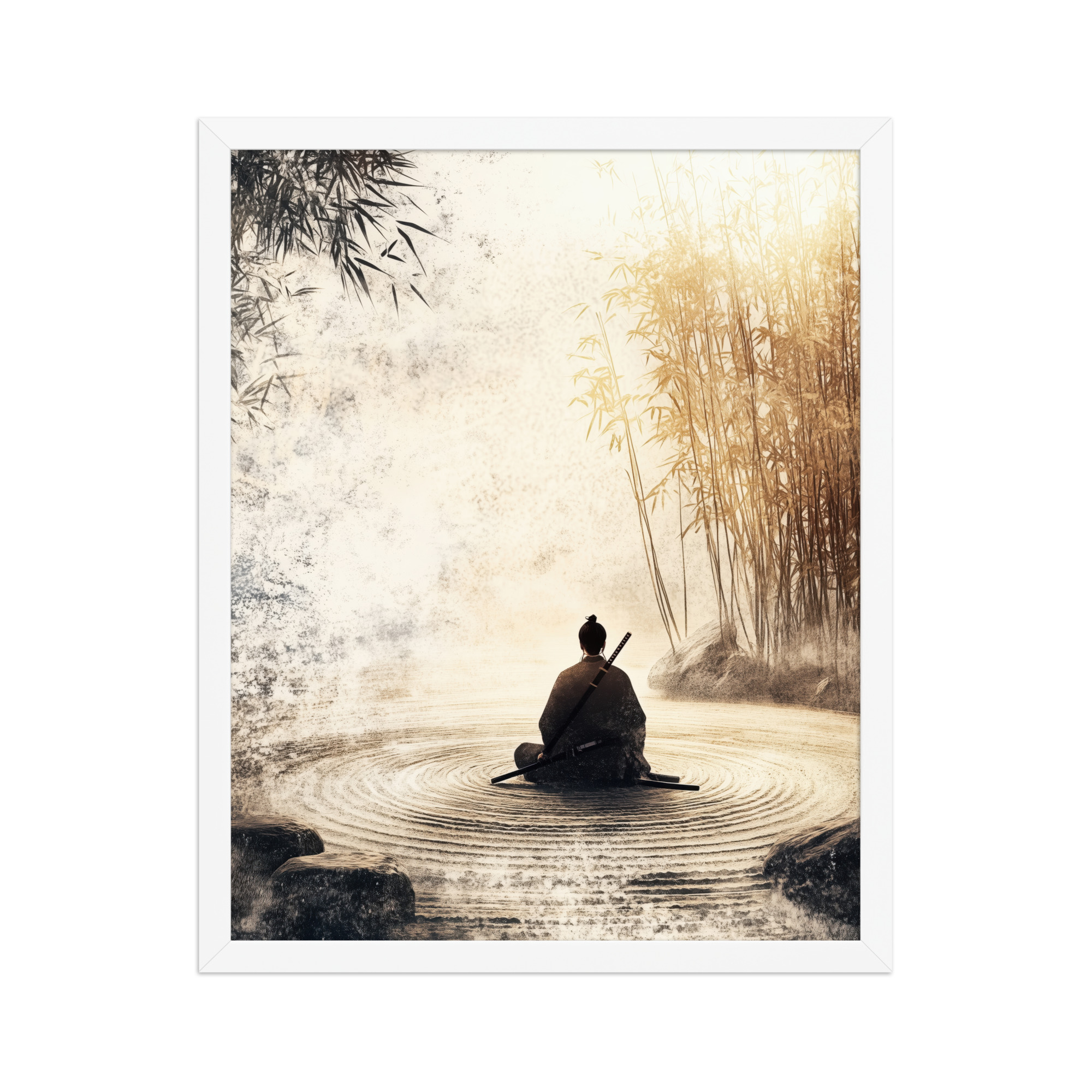 Zen Samurai in Bamboo Light – Neutral Sumi-e Ink Samurai Meditation Wall Art – Framed Poster - Image 15