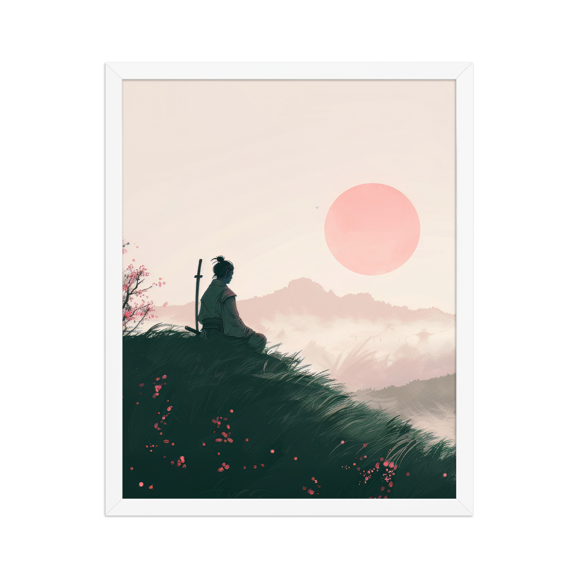 Samurai at Dawn – Pink Sun Over Hills Quiet Strength at Daybreak Wall Decor – Framed Poster - Image 18