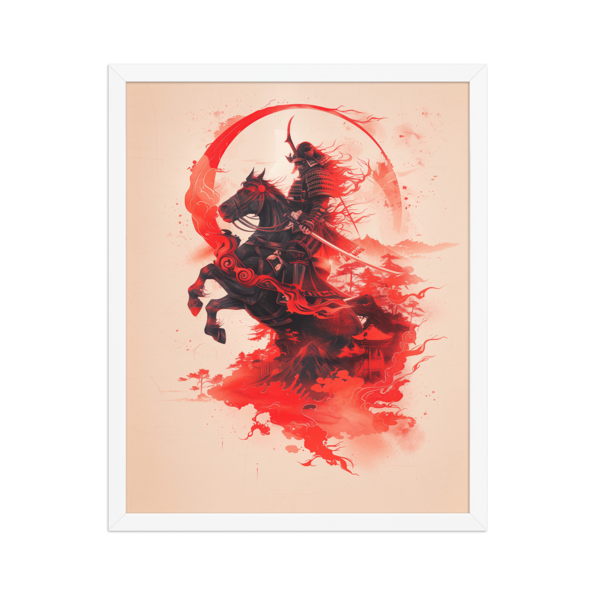 Crimson Charge – Samurai on Horseback Flaming Arc of Courage Wall Art – Framed Poster - Image 12