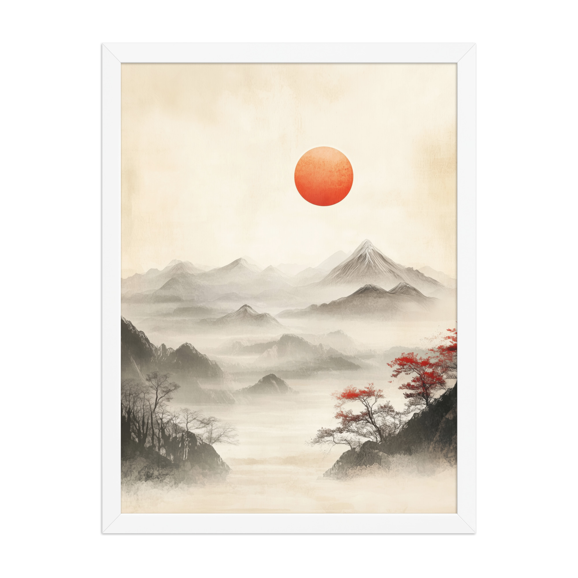 Red Sun Over Silent Peaks — Misty Ink Mountain Landscape Wall Art — Framed Poster - Image 19