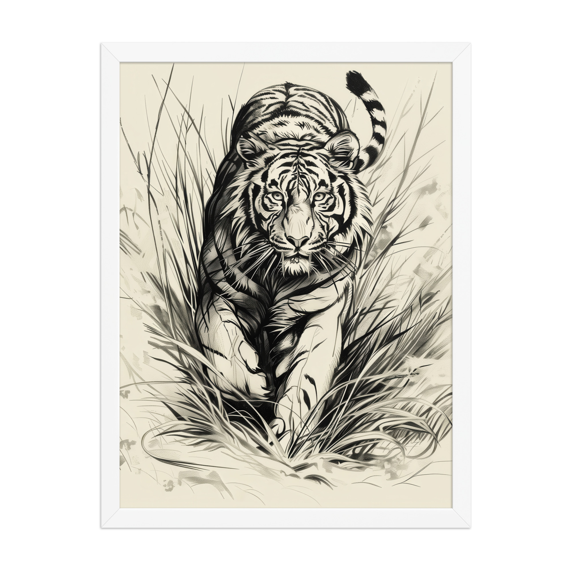 Tiger in Brush — Monochrome Ink Bengal Tiger Wall Art — Framed Poster - Image 10