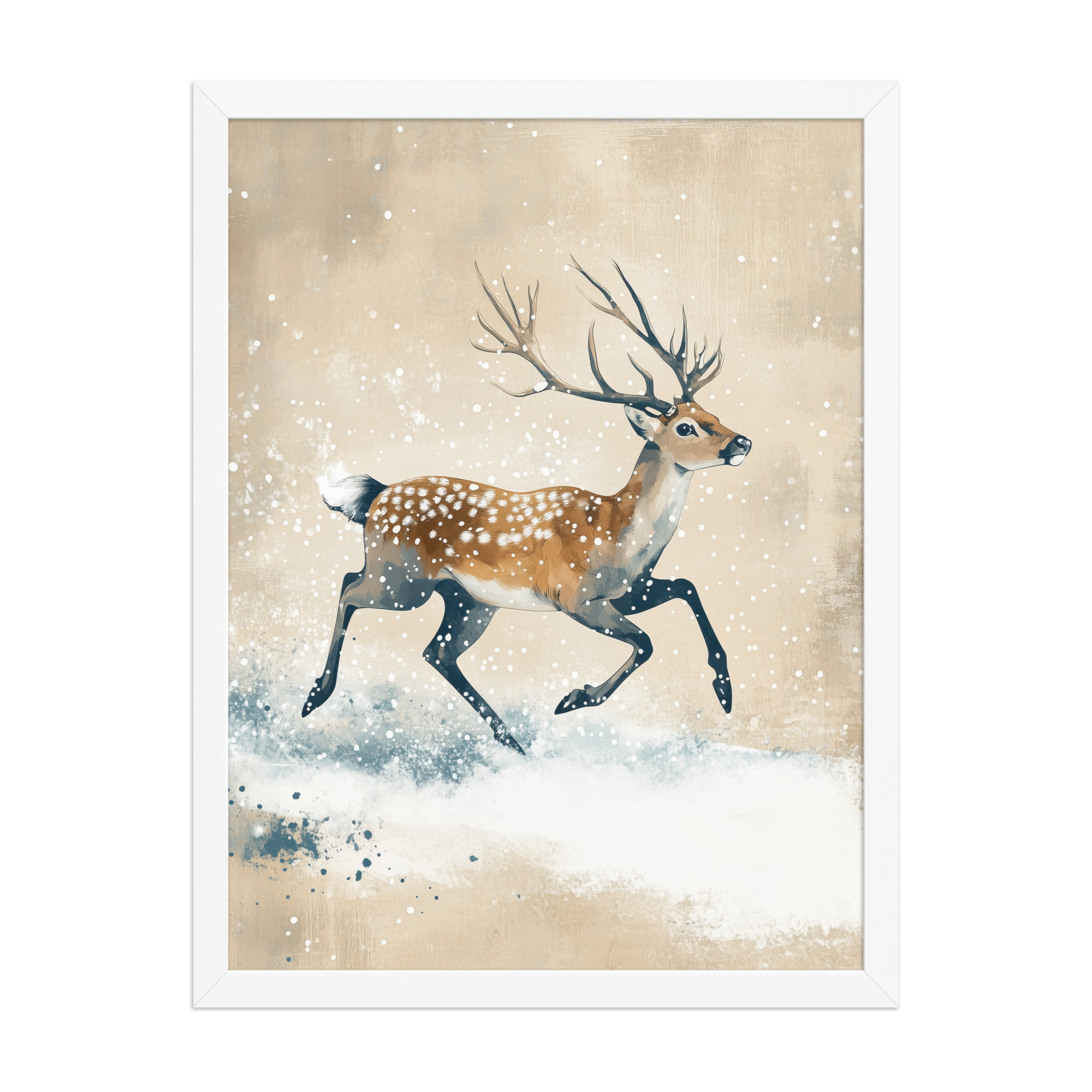Running Deer in Winter Snow — Modern Wildlife Wall Art — Framed Poster - Image 22