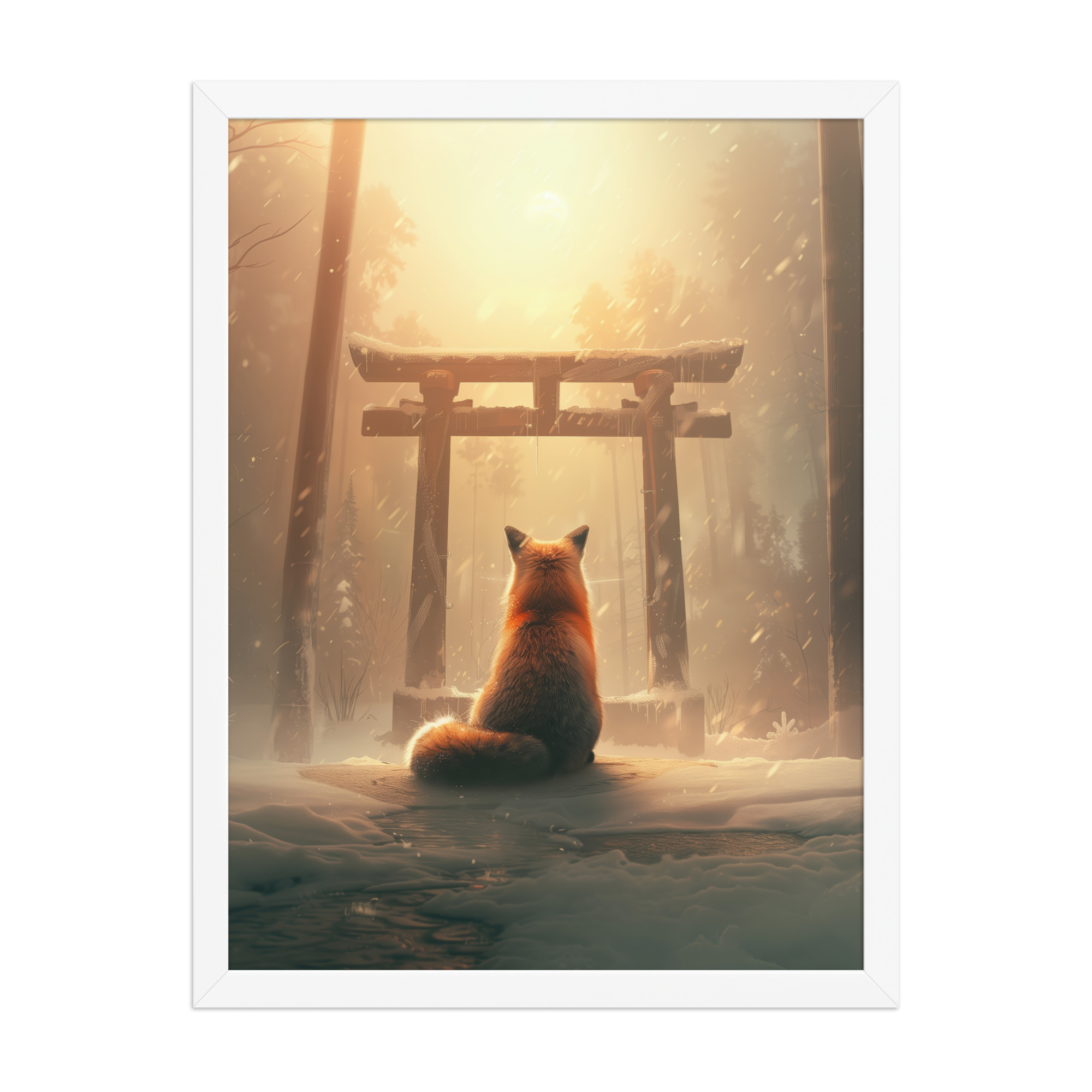 Fox Spirit at Torii — Cinematic Fox in Snowy Shrine Light Wall Decor — Framed Poster - Image 22