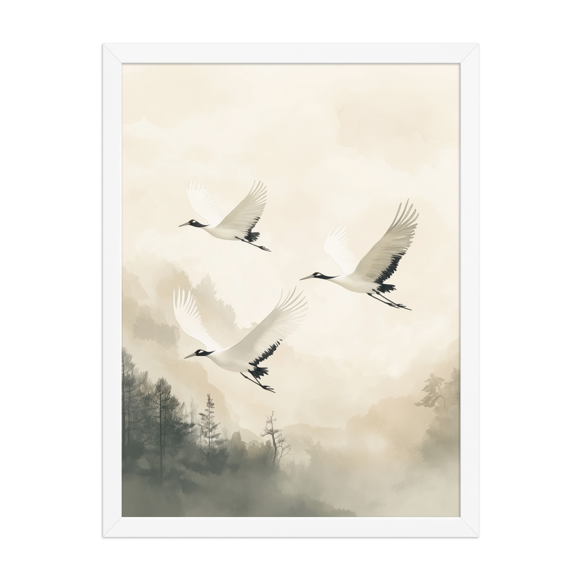 Cranes of Serenity — Misty Forest Flight Bird Wall Art — Framed Poster - Image 19