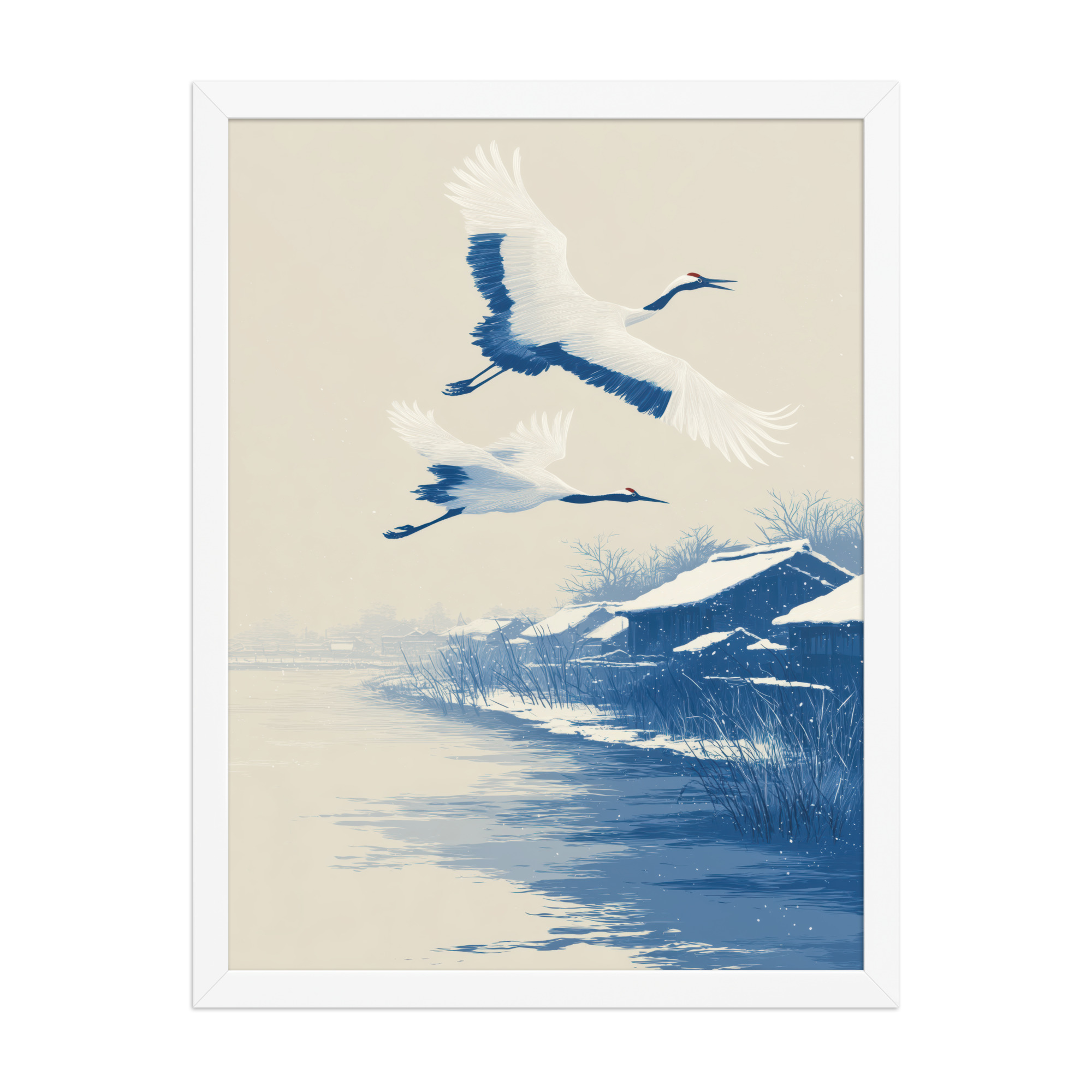 Cranes in Winter Sky — Ukiyo-e Birds over Snowy River Village Wall Art — Framed Poster - Image 16