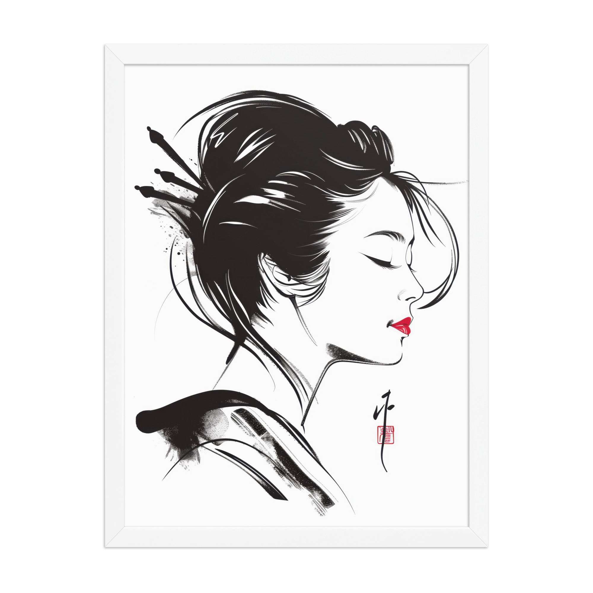 Geisha Profile — Minimal Sumi-e Geisha Portrait Wall Art — Framed Poster - Image 9