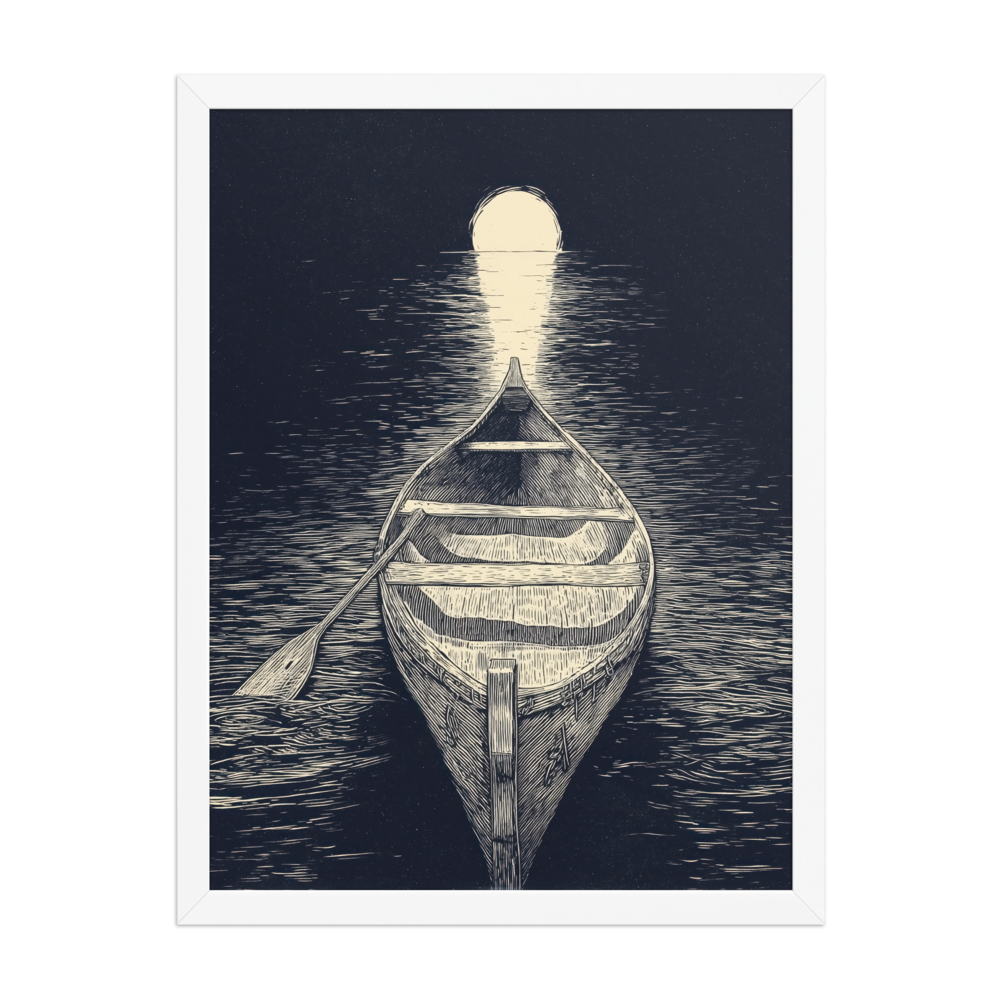 Moonlit Canoe — Woodcut Night Lake Wall Art — Framed Poster - Image 14