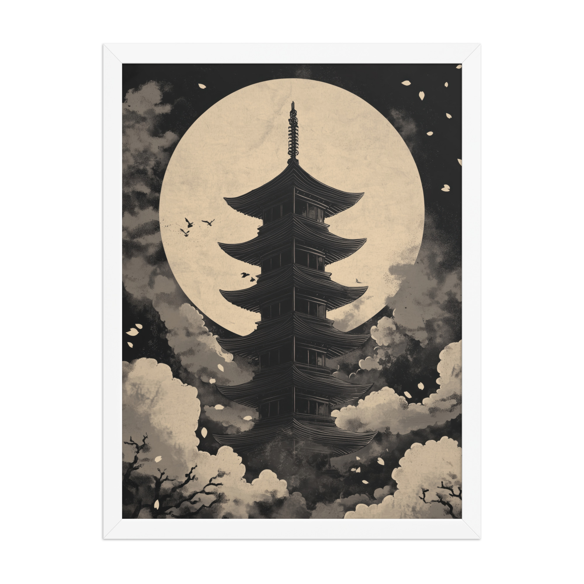 Moonlit Zen Pagoda — Monochrome Pagoda, Japanese Night Wall Art — Framed Poster - Image 16