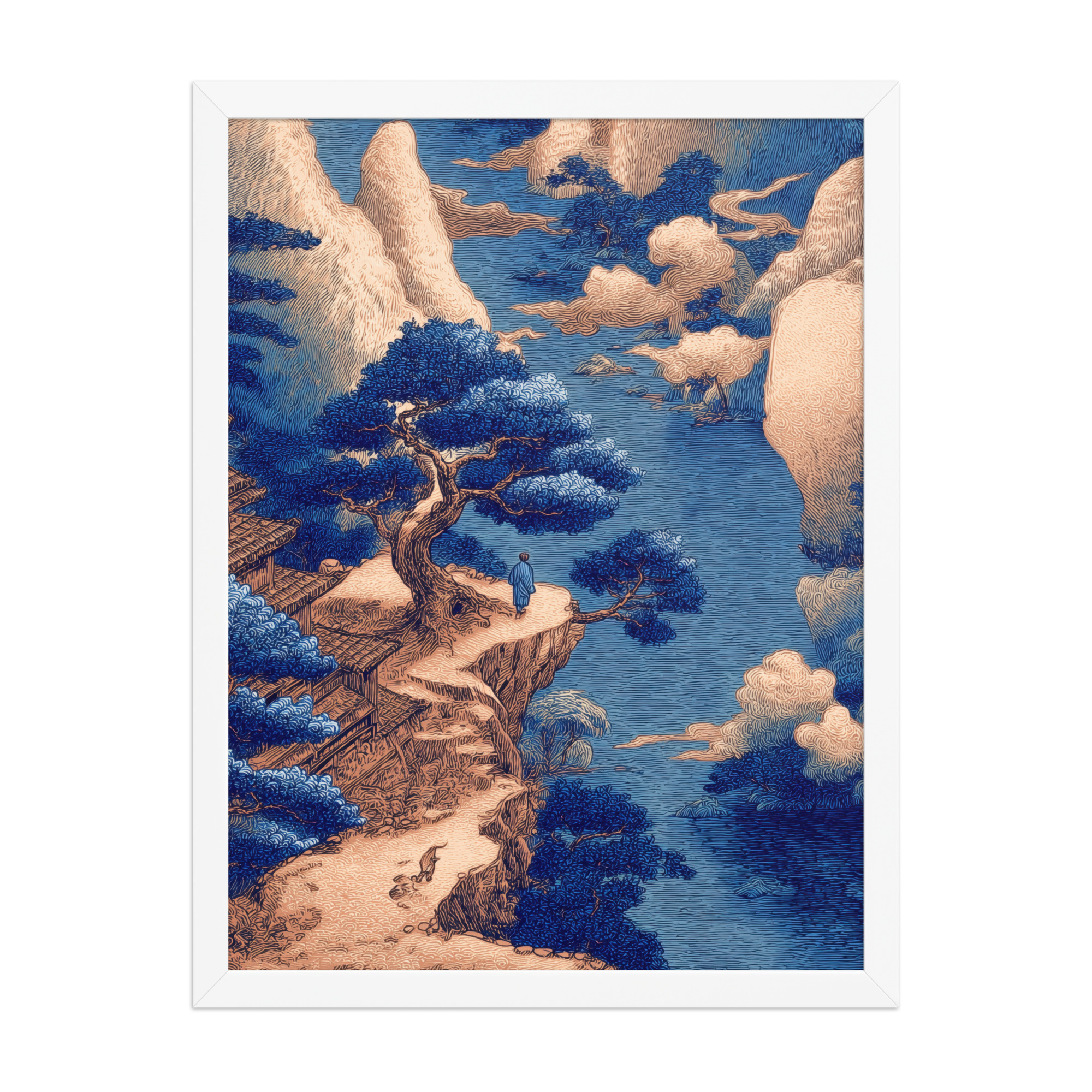 Cliffside Temple View – Blue Ukiyo-e Landscape Wall Art – Framed Poster - Image 22