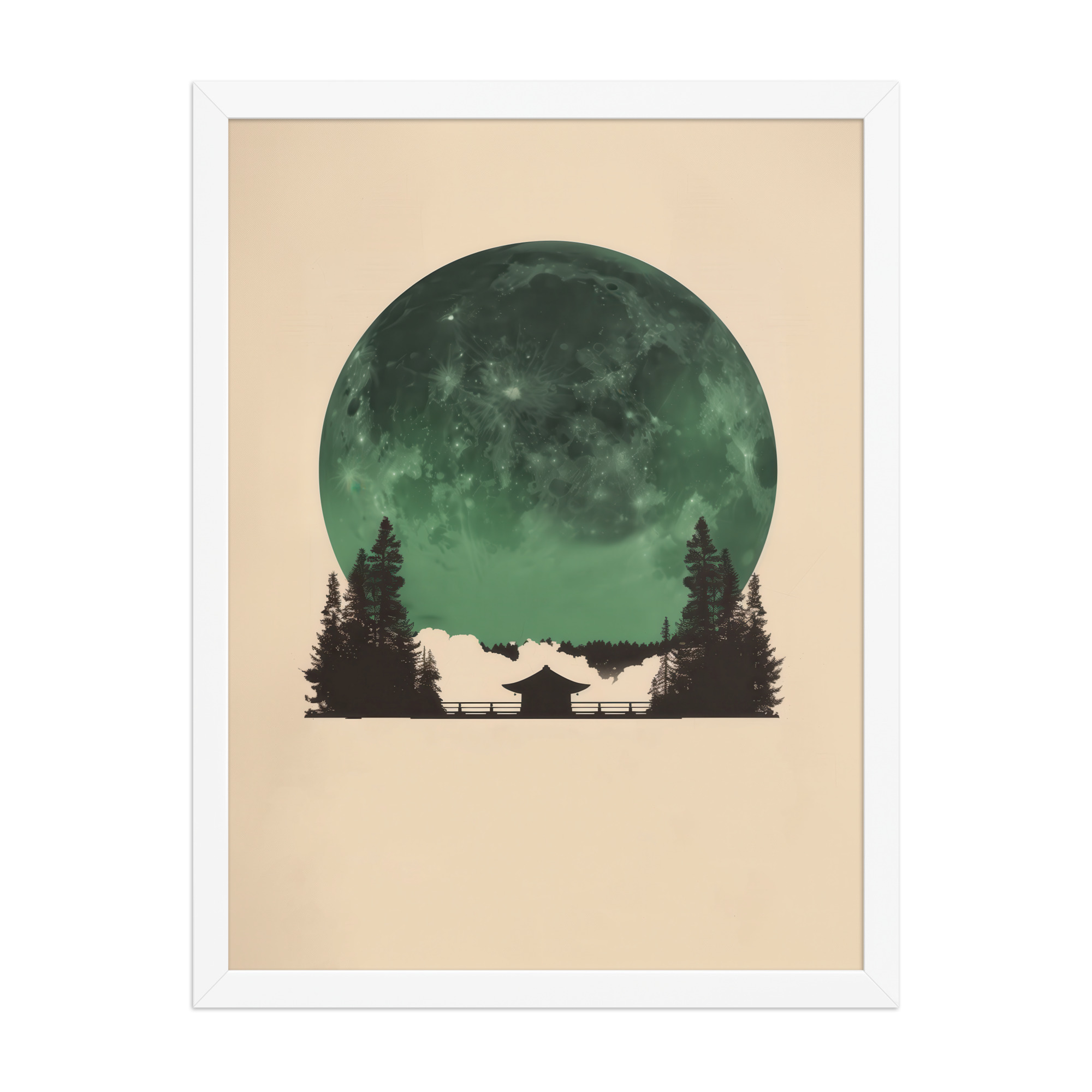 Emerald Moon Temple — Japandi Silhouette Wall Art — Framed Poster - Image 22