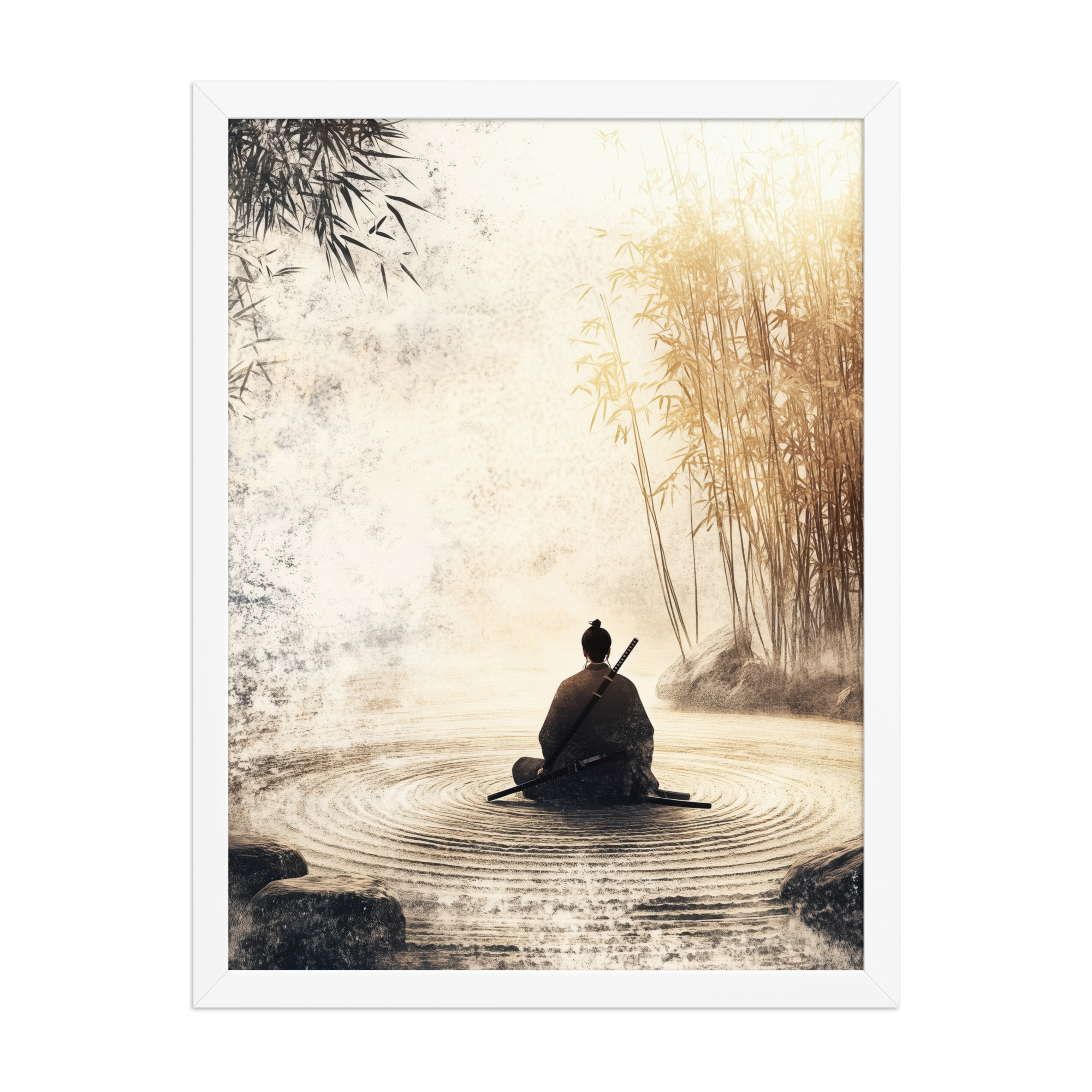 Zen Samurai in Bamboo Light – Neutral Sumi-e Ink Samurai Meditation Wall Art – Framed Poster - Image 16