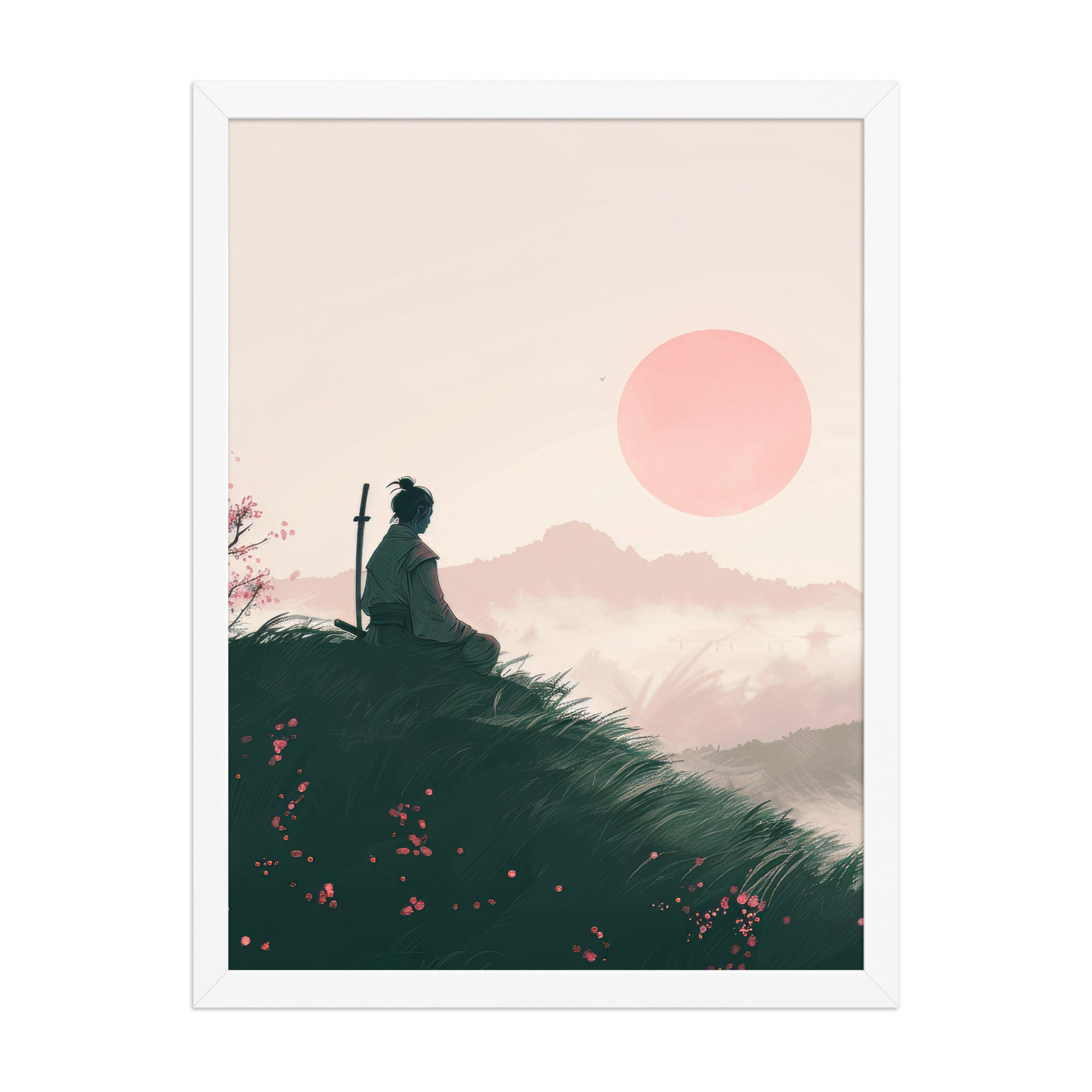 Samurai at Dawn – Pink Sun Over Hills Quiet Strength at Daybreak Wall Decor – Framed Poster - Image 19