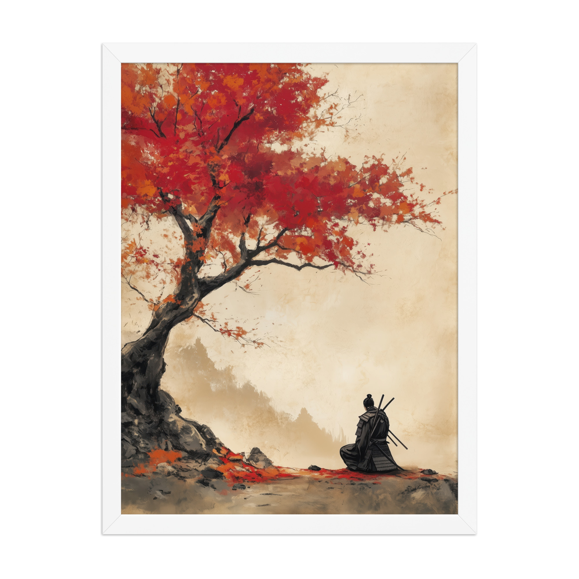 Autumn Warrior – Samurai Beneath Crimson Maple Leaves Wall Decor – Framed Poster - Image 16