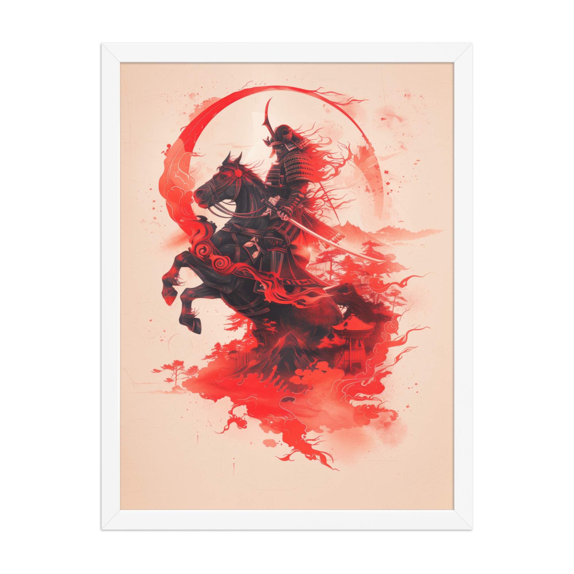 Crimson Charge – Samurai on Horseback Flaming Arc of Courage Wall Art – Framed Poster - Image 13