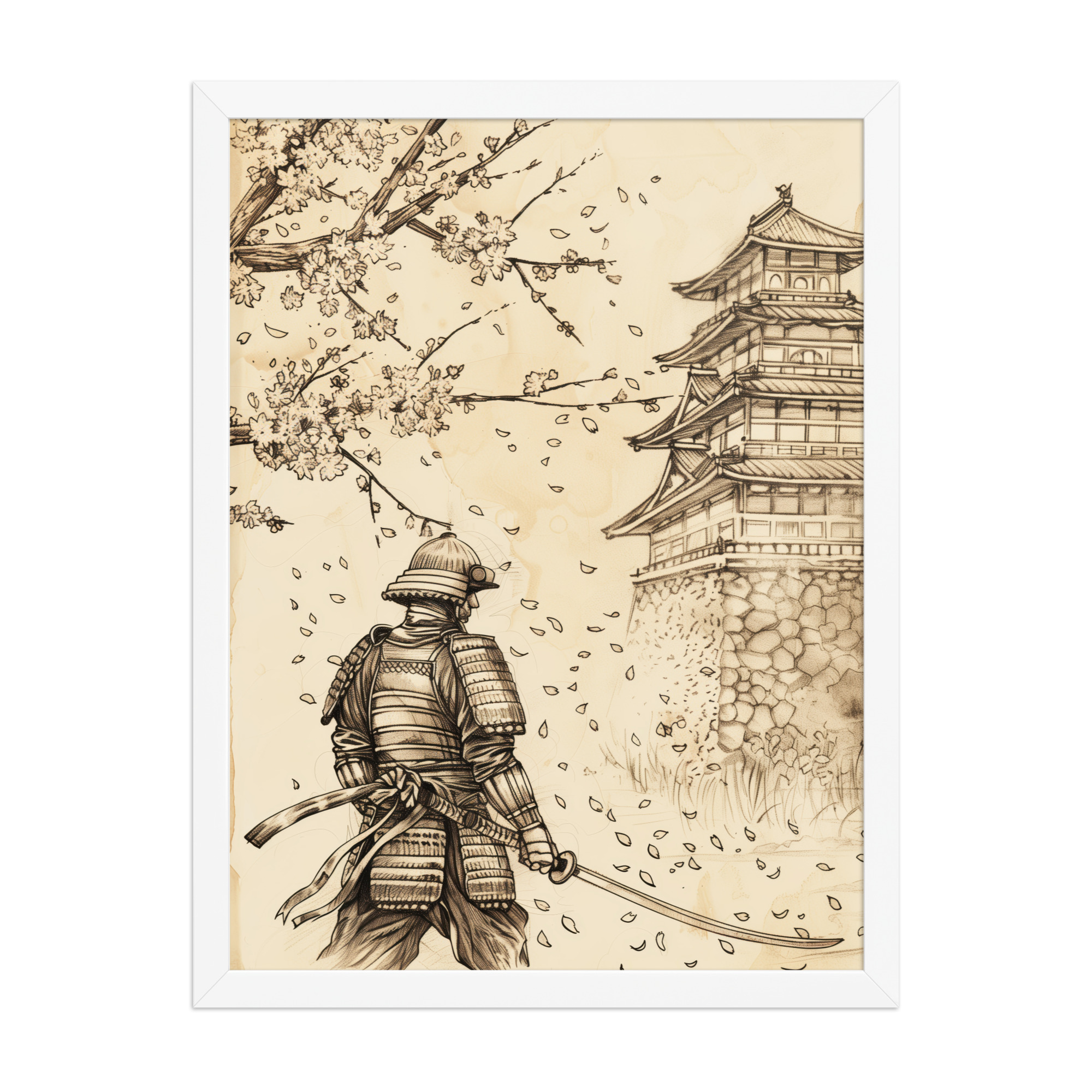Samurai Under Cherry Blossoms – Castle Breeze and Falling Petals Wall Art – Framed Poster - Image 7