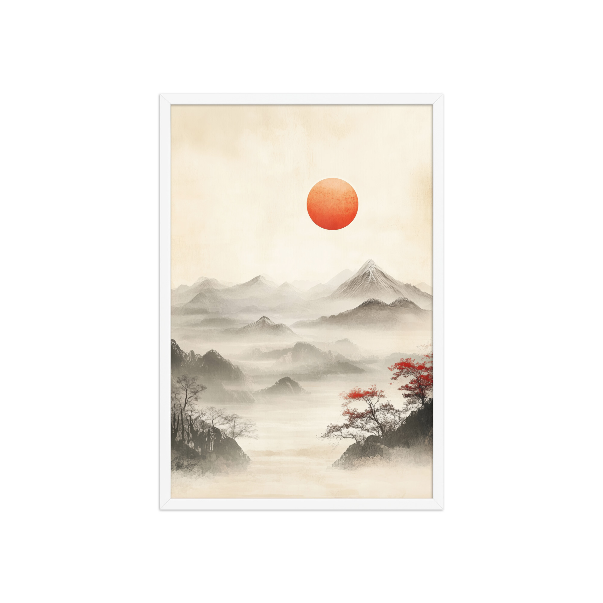 Red Sun Over Silent Peaks — Misty Ink Mountain Landscape Wall Art — Framed Poster - Image 20
