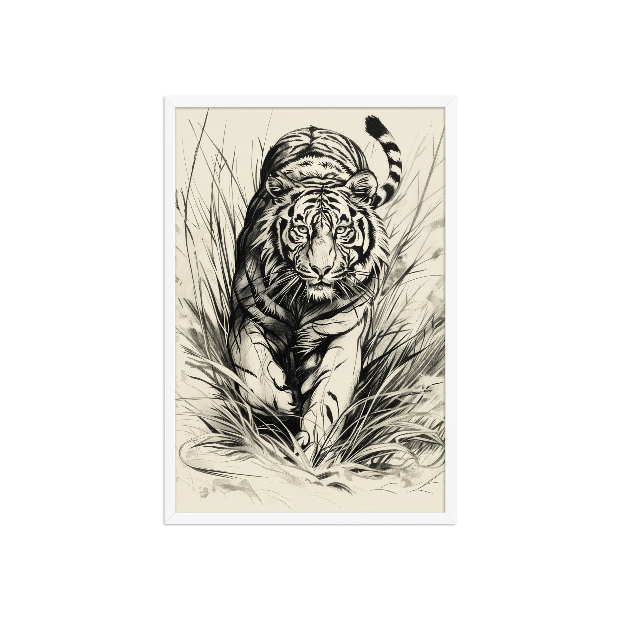 Tiger in Brush — Monochrome Ink Bengal Tiger Wall Art — Framed Poster - Image 11
