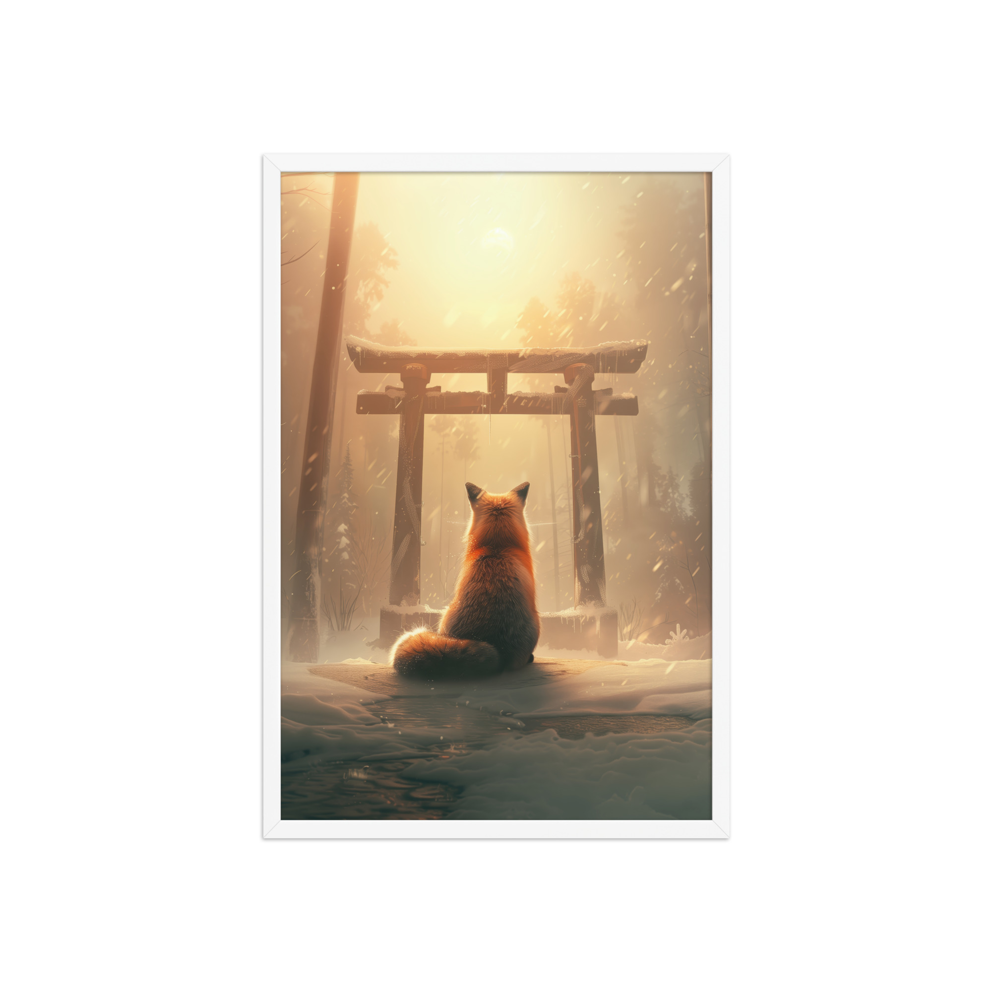 Fox Spirit at Torii — Cinematic Fox in Snowy Shrine Light Wall Decor — Framed Poster - Image 23