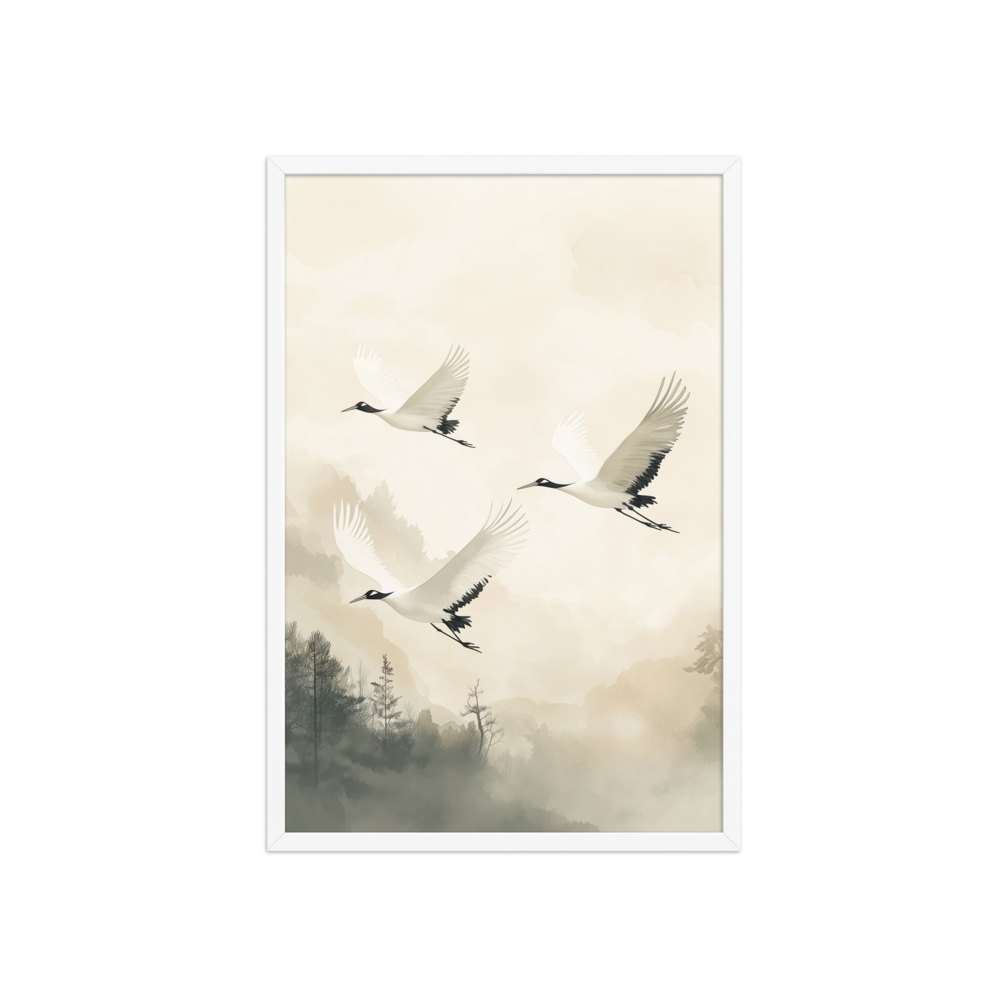 Cranes of Serenity — Misty Forest Flight Bird Wall Art — Framed Poster - Image 20