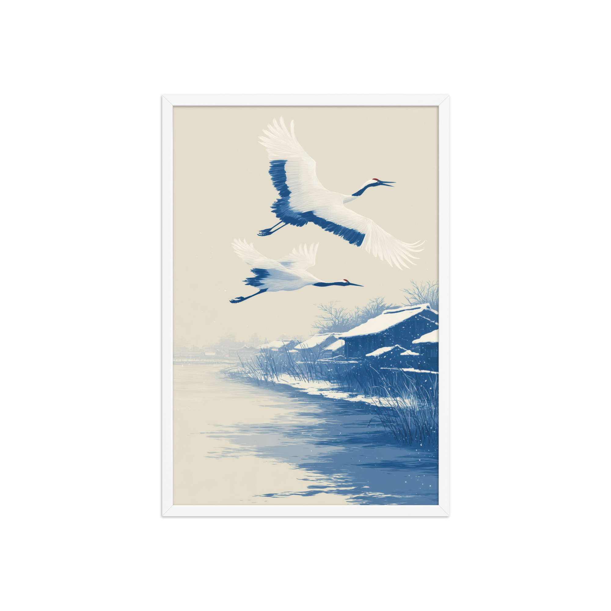 Cranes in Winter Sky — Ukiyo-e Birds over Snowy River Village Wall Art — Framed Poster - Image 17