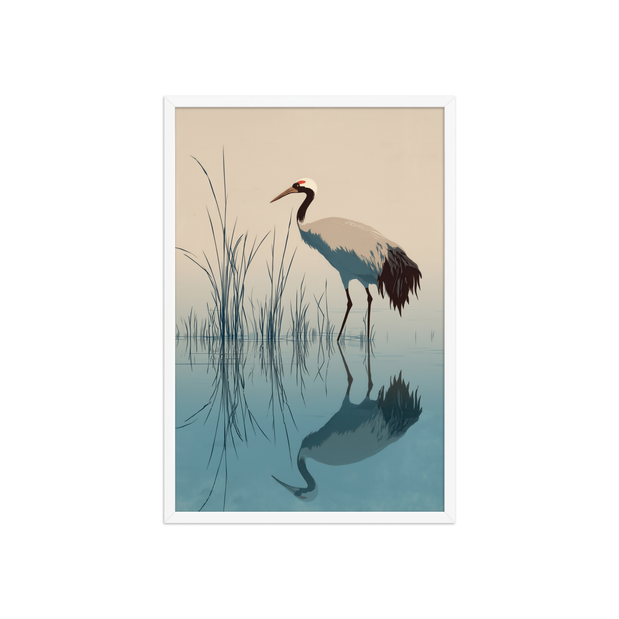 Crane and Reflection Stillness – Minimal Ukiyo-e Bird Wall Art – Framed Poster - Image 23