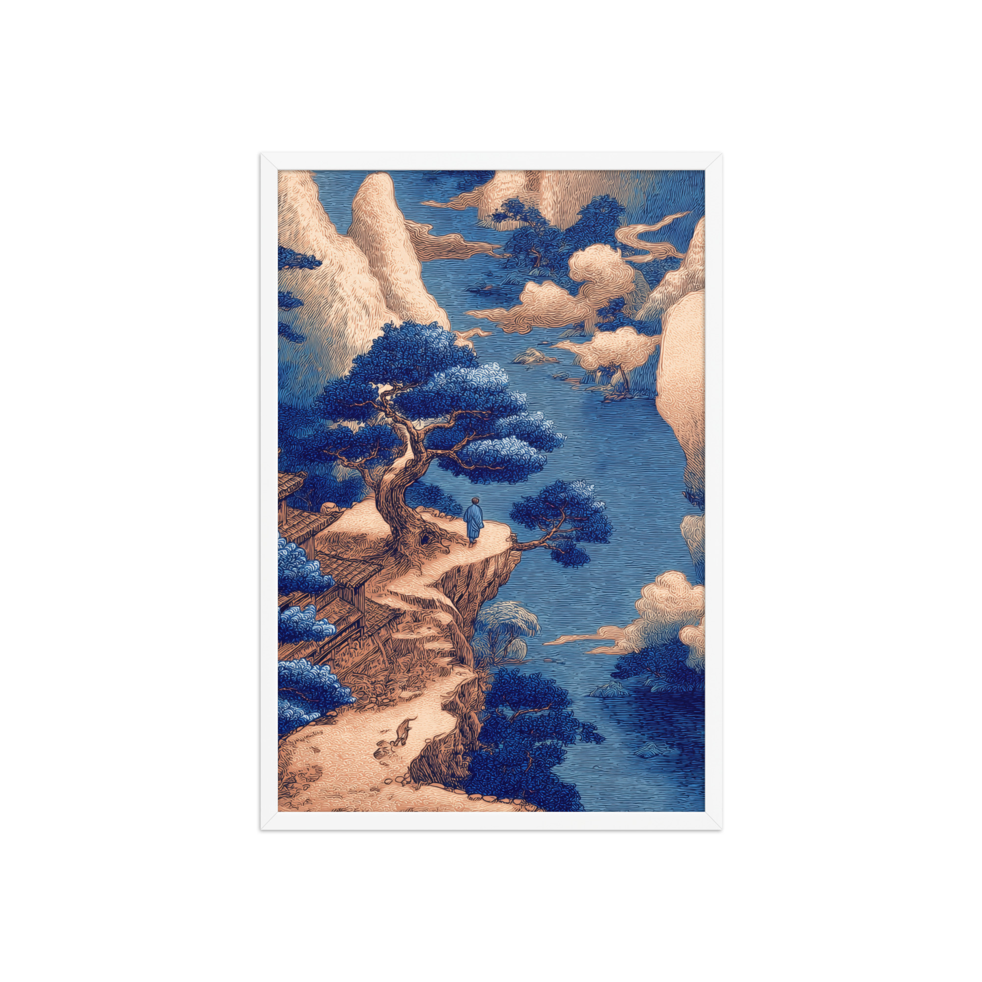 Cliffside Temple View – Blue Ukiyo-e Landscape Wall Art – Framed Poster - Image 23